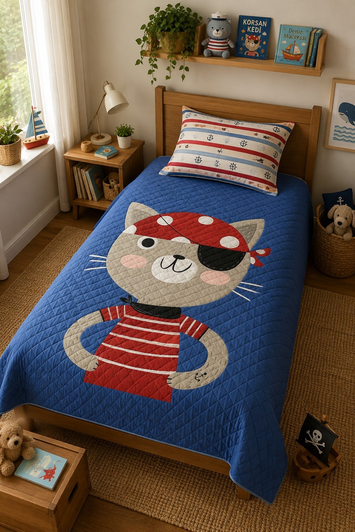 Evdek Bebek ve Çocuk Odası Pirate Cat - Korsan Kedi Tek Kişiliik Pike Takımı 160X230 Cm 6EAD9 - 7064670