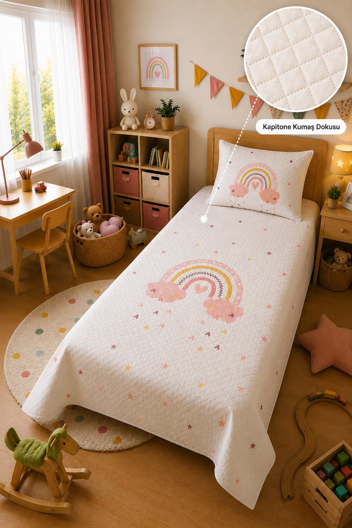 Evdek Bebek ve Çocuk Odası Rainbow Dream – Gökkuşağı Tek Kişilik Pike Takımı 160X230 Cm 6ETD5 - 7063307