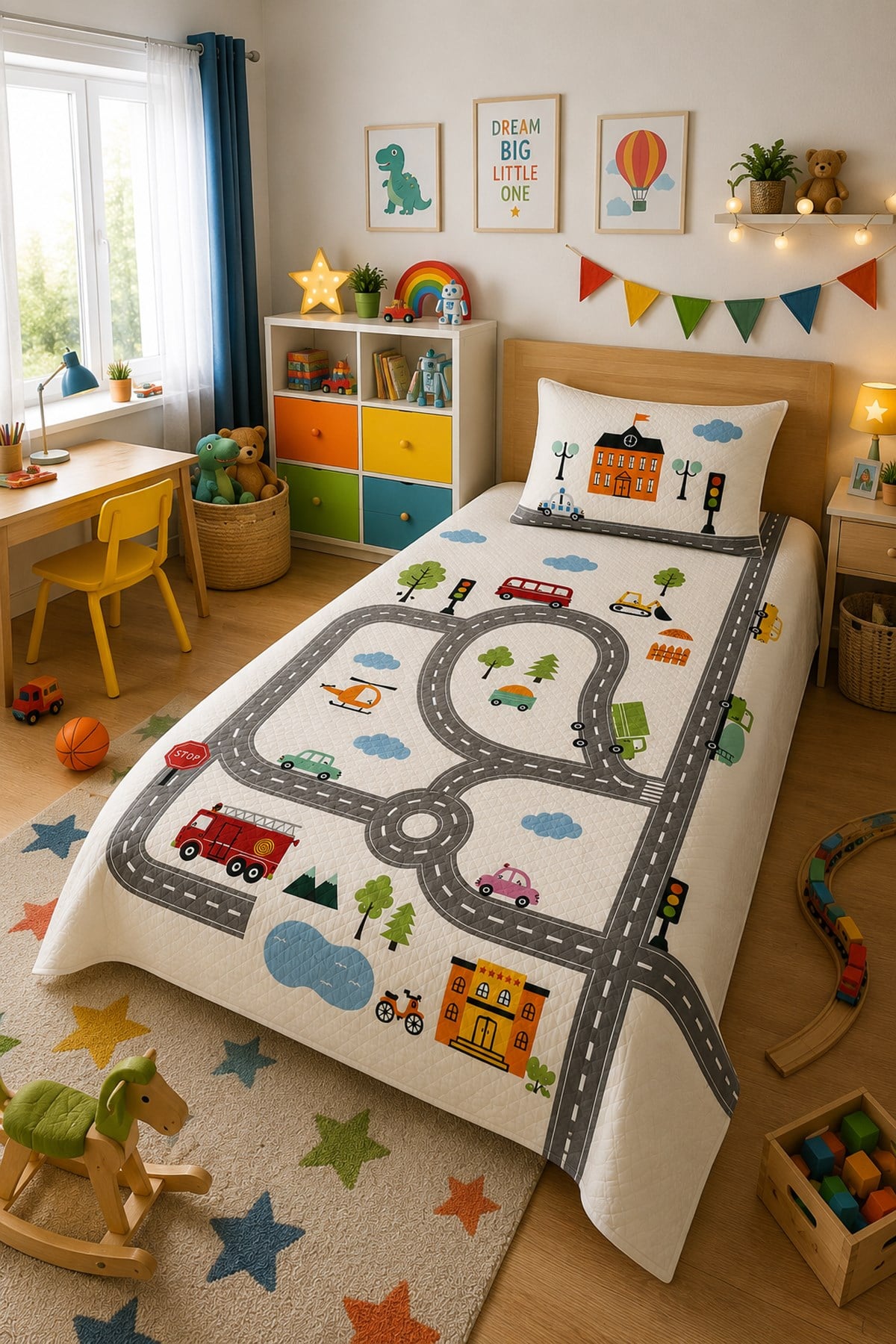 Evdek Bebek ve Çocuk Odası Road Town – Yol Tek Kişilik Pike Takımı 160X230 Cm 6ETD1 - 7063260