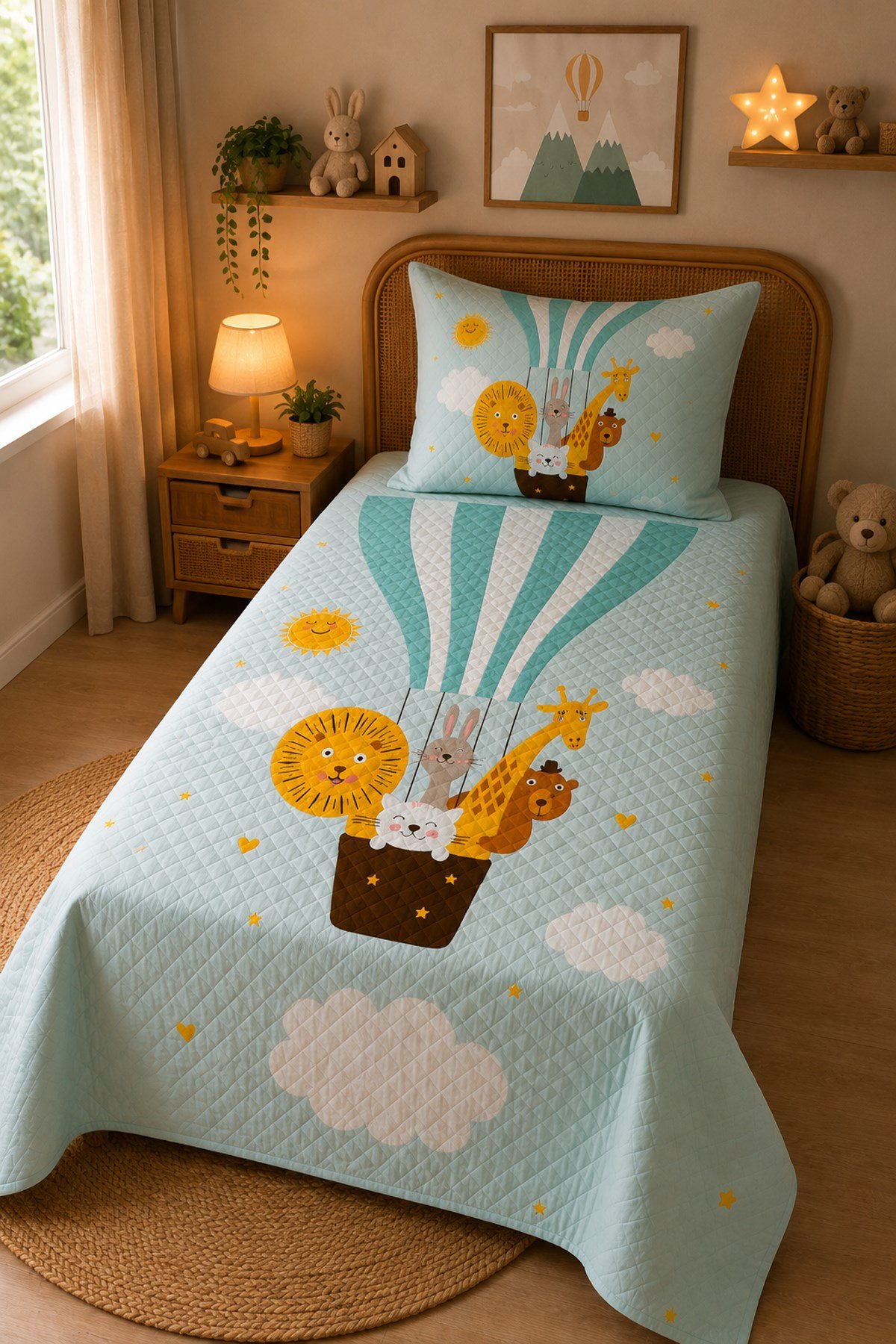 Evdek Bebek ve Çocuk Odası Sky Safari - Gökyüzü Safari Tek Kişilik Pike Takımı 160X230 Cm 6EAD1 - 7064595