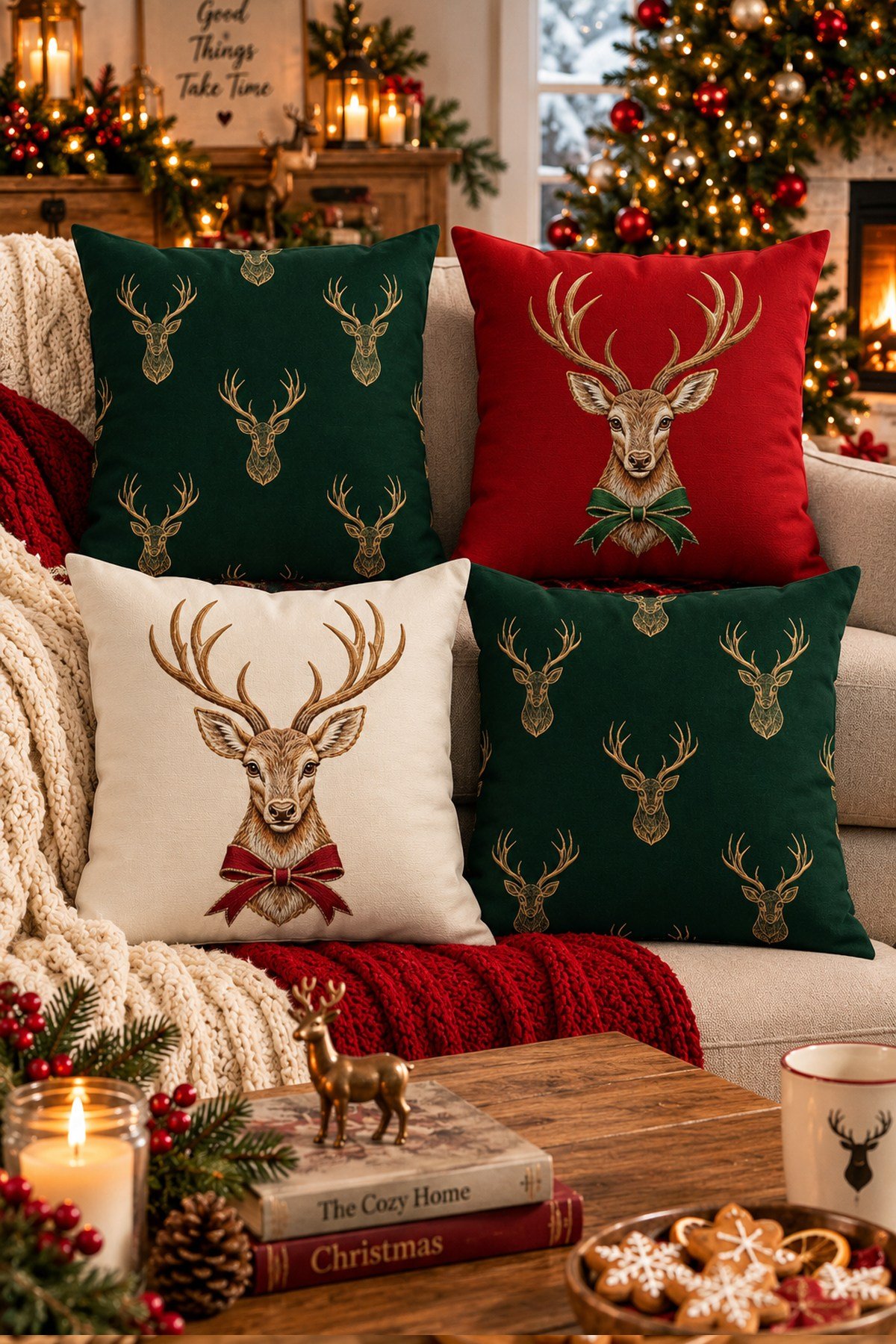 Evdek Christmas Çift Tarafı Baskılı 4’lü Kırlent Kılıfı 6ECHD4 - 7065868