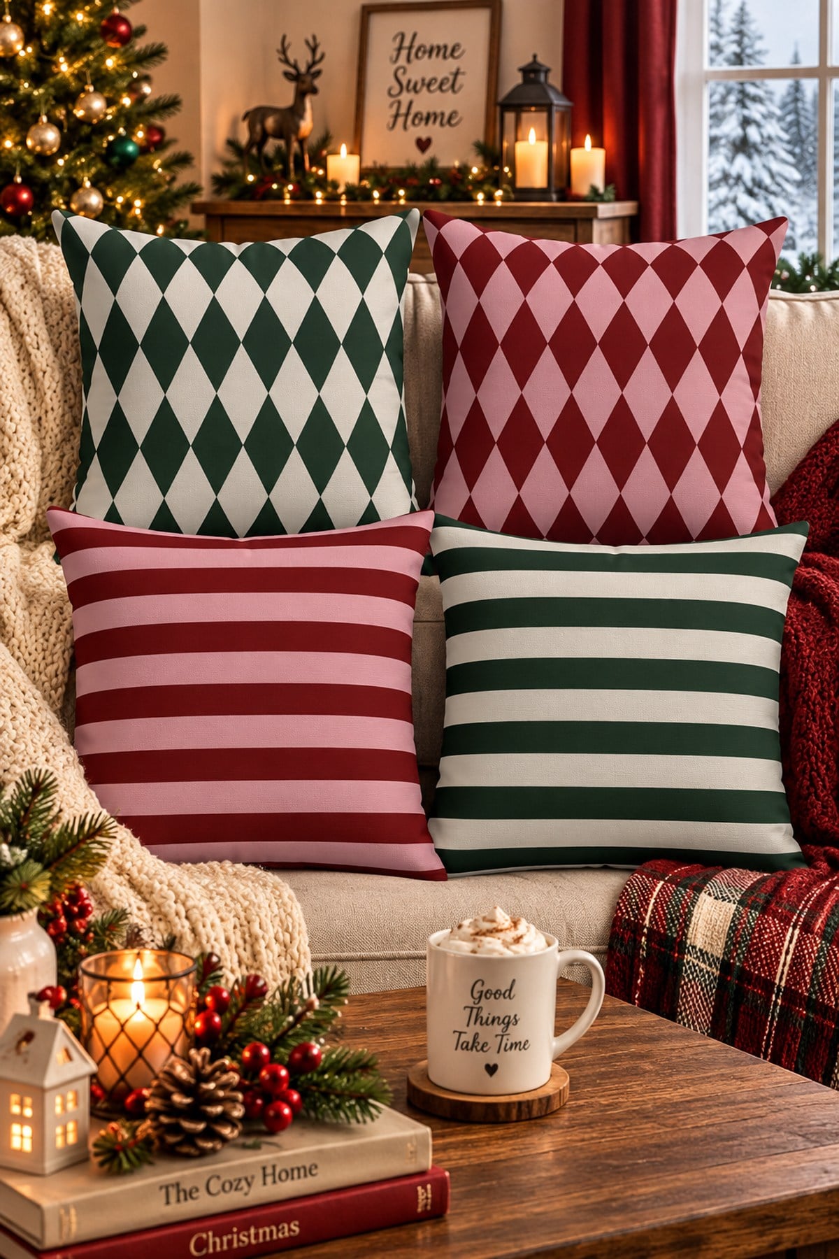 Evdek Christmas Çift Tarafı Baskılı 4’lü Kırlent Kılıfı 6ECHD8 - 7065905