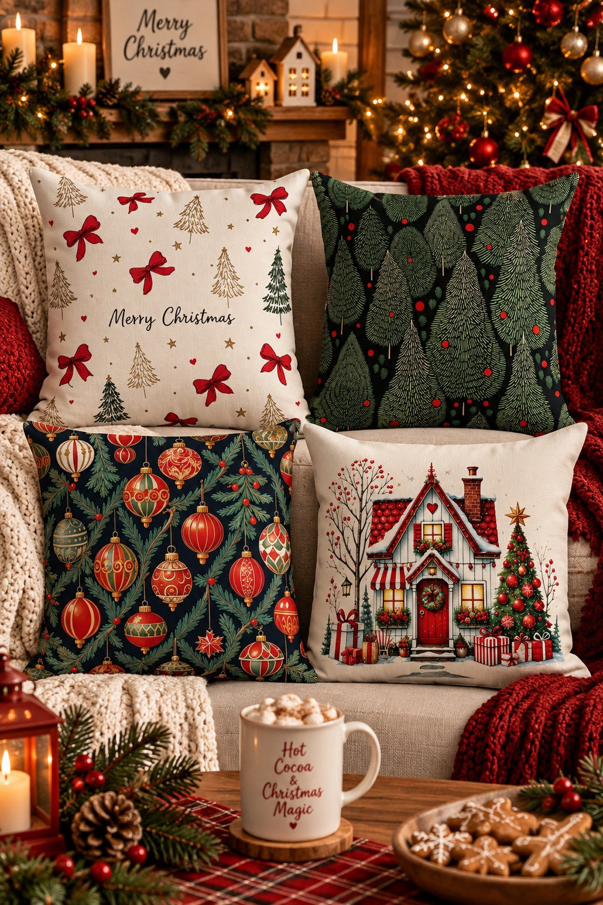 Evdek Christmas Çift Tarafı Baskılı 4’lü Kırlent Kılıfı 6ECHD5 - 7065875