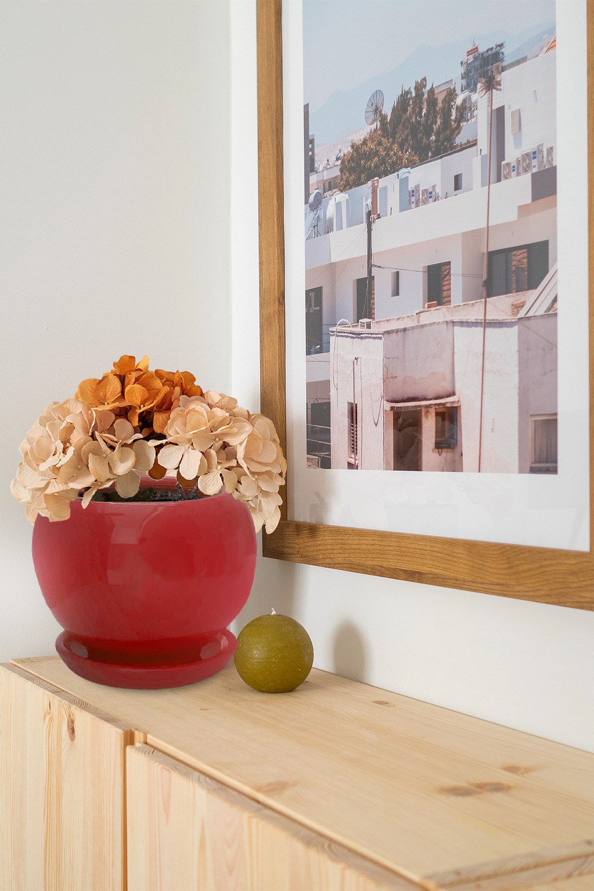 Evdek Tabaklı Kırmızı Tombul Çömlek Saksı 17x18 Cm