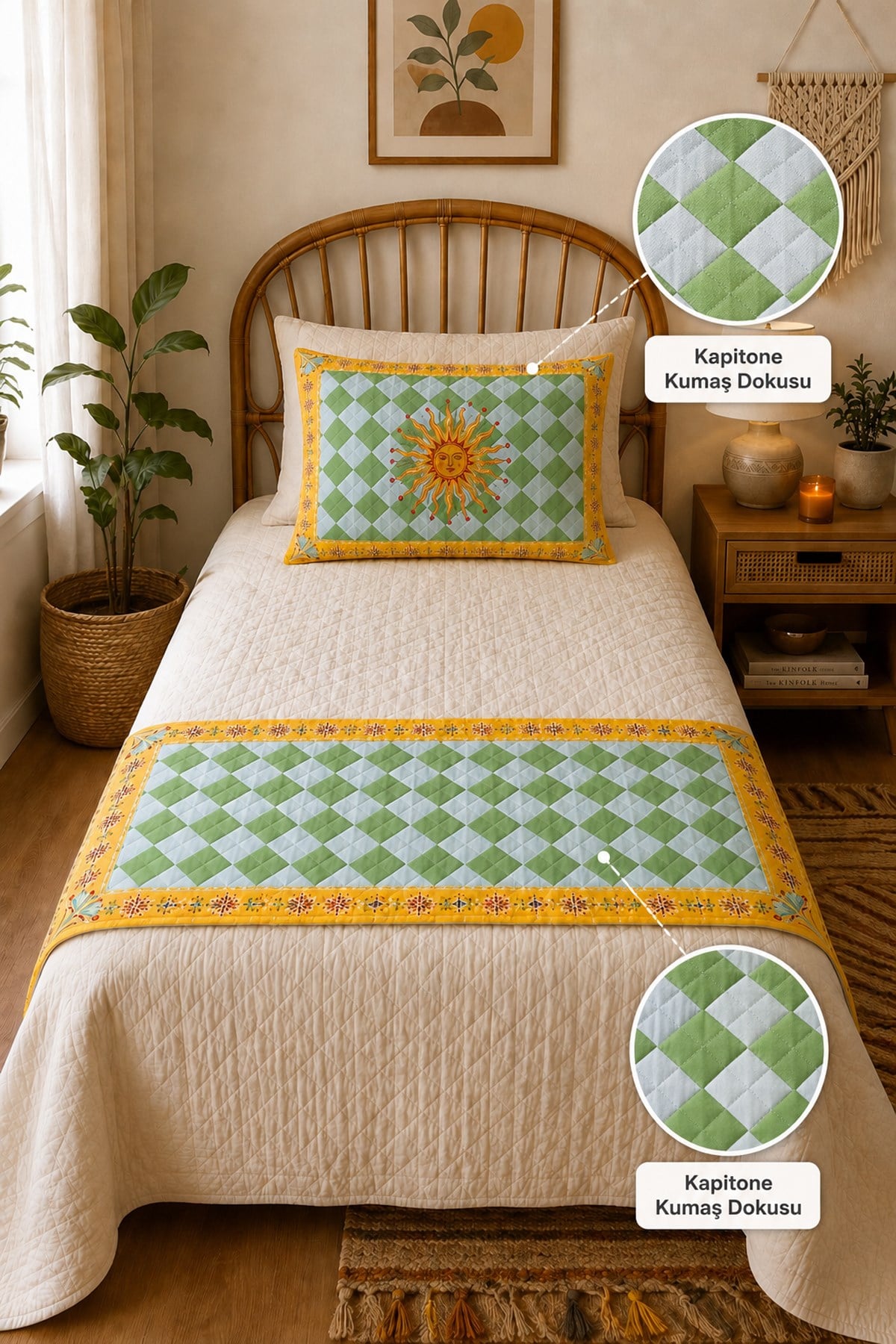 Evdek Tek Kişilik Kapitoneli Yatak Runner ve Yastık Seti 60x150 Cm ETD4 - 7064366