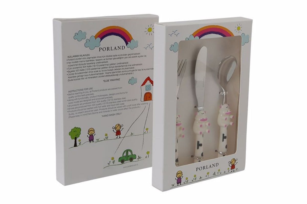 Porland Mini Cow Çocuk Çatal Kaşık Bıçak Takımı 3 Parça