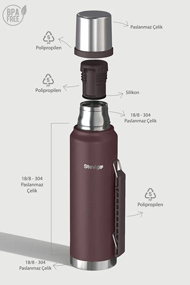 Stevig 1 Camper Klasik Kulplu Sızdırmaz Çelik Termos Dark Plum 1.2 lt - 961110007269
