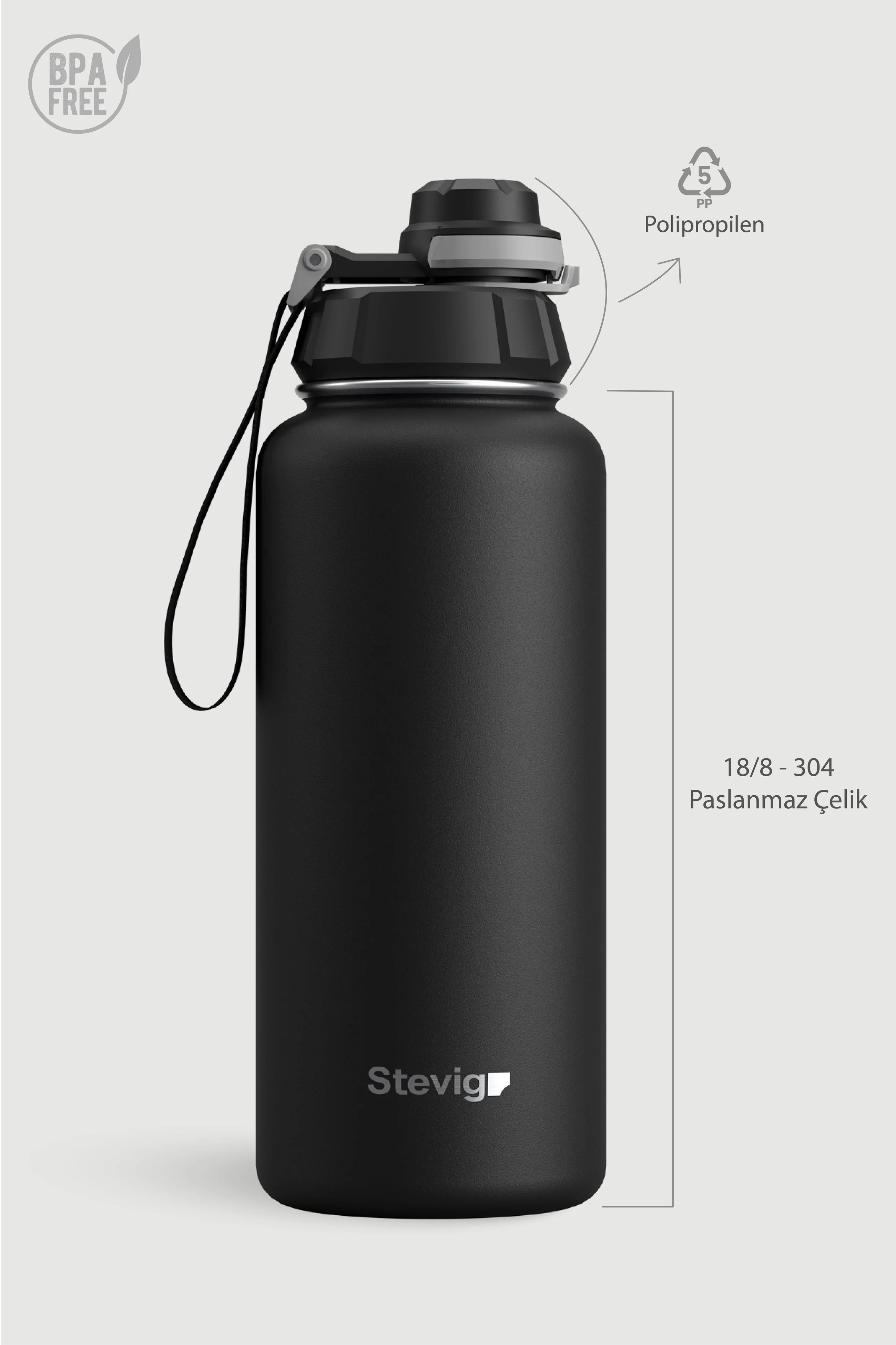 Stevig 1 Hand Leak-Proof Sızdırmaz Çelik Termos Black 1000 ml - 961110003286