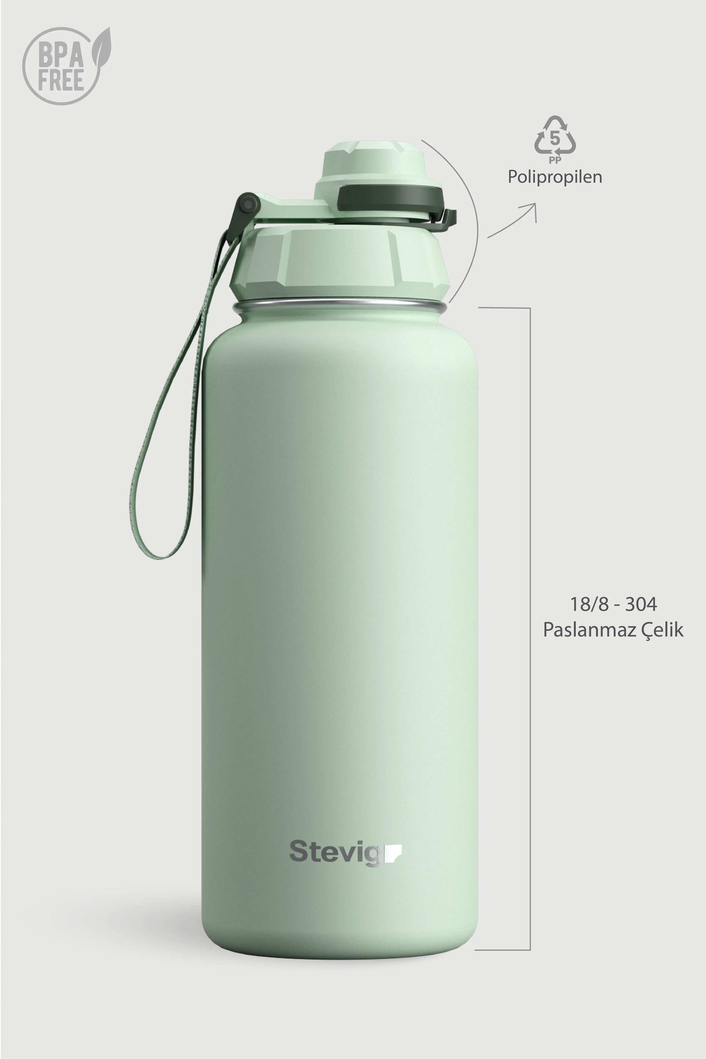 Stevig 1 Hand Leak-Proof Sızdırmaz Çelik Termos Smoke Green 1000 ml - 961110004967