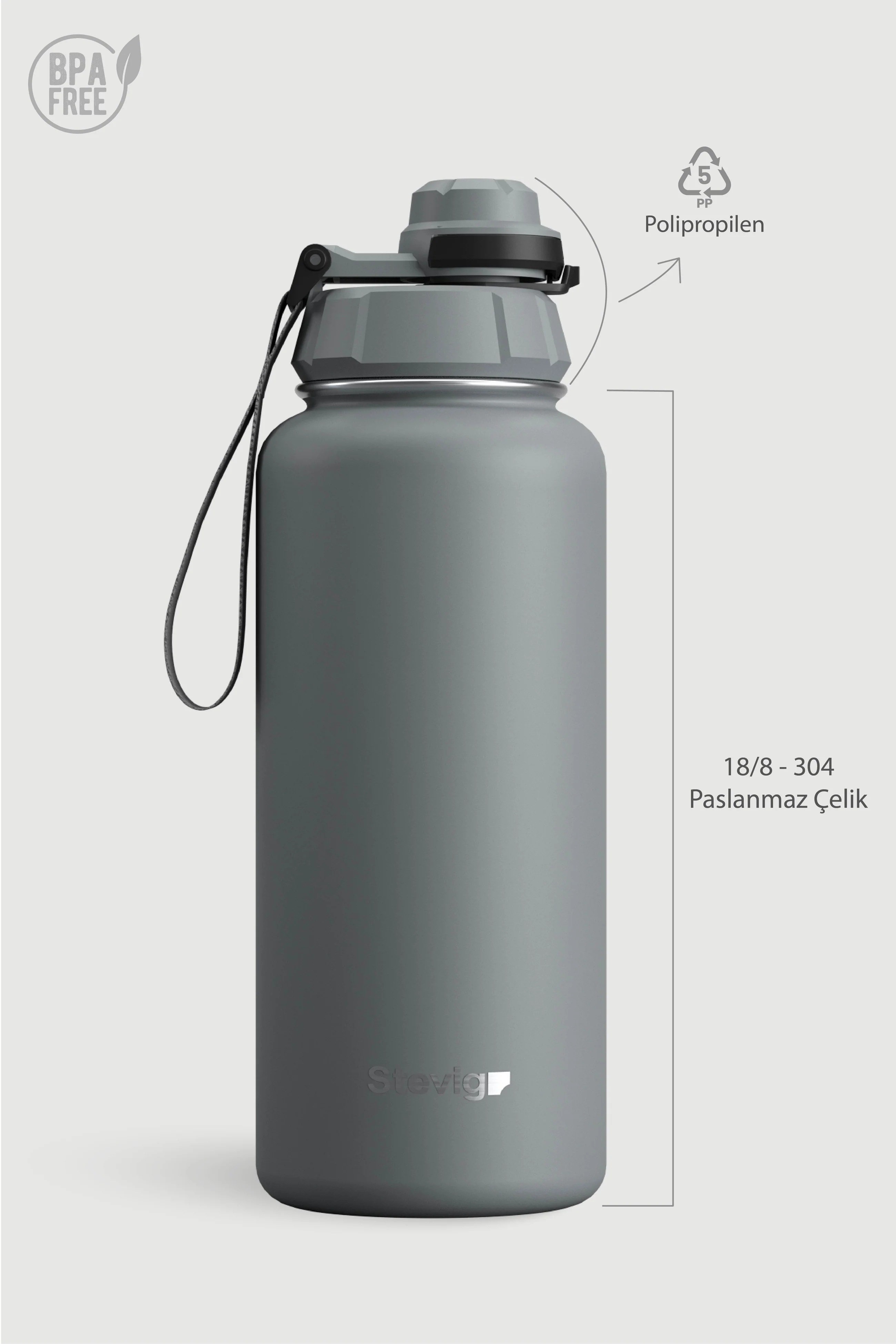 Stevig 1 Hand Leak-Proof Sızdırmaz Çelik Termos Grey 1000 ml - 961110004964