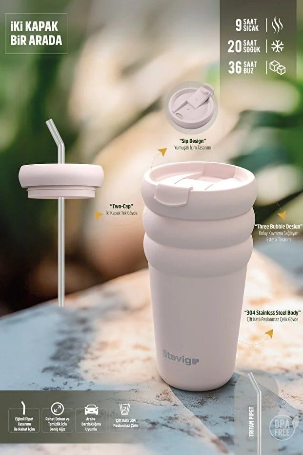 Stevig 3 Bubble Two-Cap Straw Tumbler Çelik Termos Soft Quartz 600 ml - 961110005674