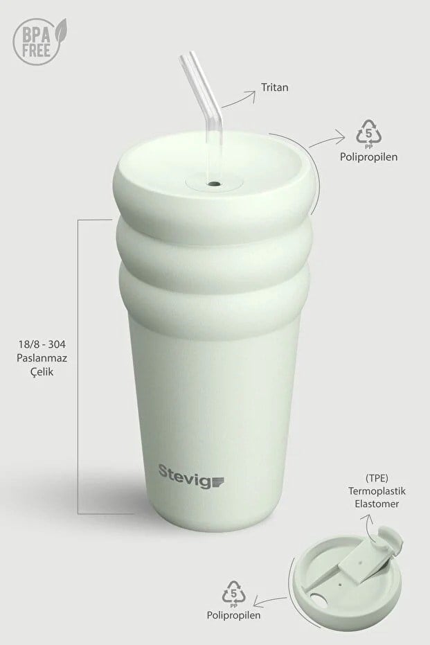 Stevig 3 Bubble Two-Cap Straw Tumbler Çelik Termos Lightest Sky 600 ml - 961110005675