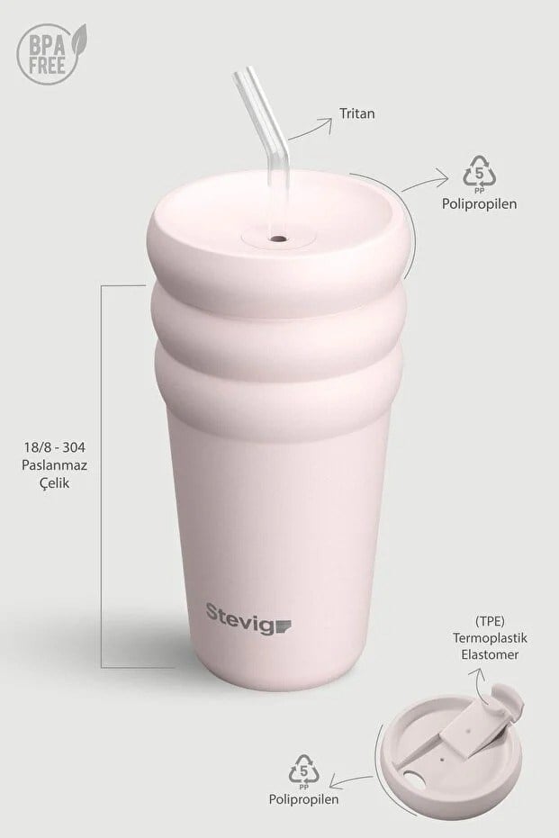 Stevig 3 Bubble Two-Cap Straw Tumbler Çelik Termos Soft Quartz 600 ml - 961110005674