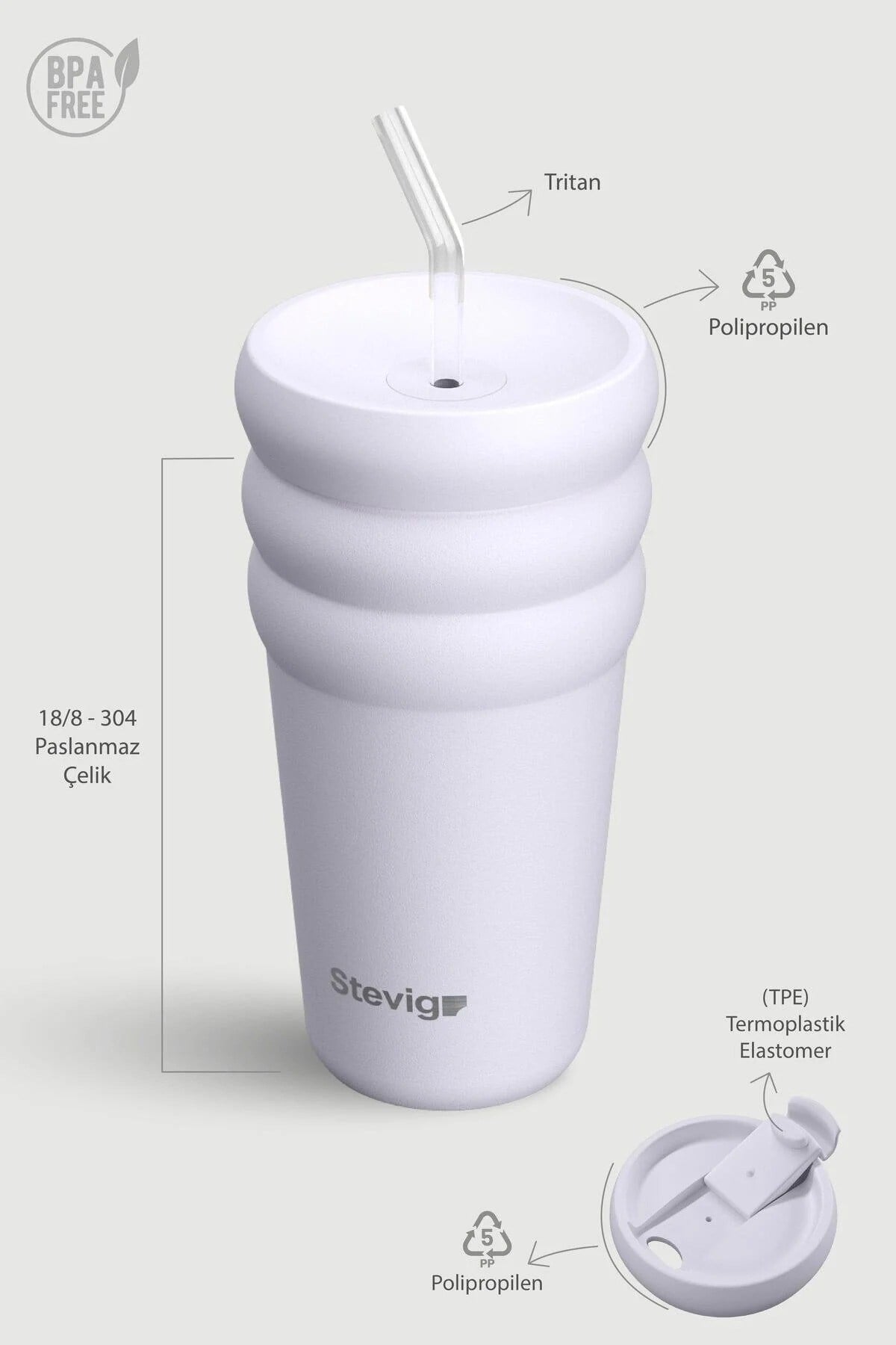 Stevig 3 Bubble Two-Cap Straw Tumbler Çelik Termos Lilac Hint 600 ml - 961110005680
