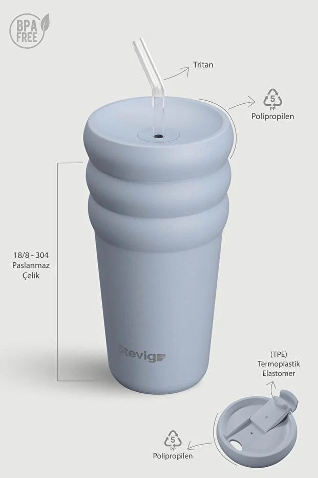 Stevig 3 Bubble Two-Cap Straw Tumbler Çelik Termos Zen Blue 600 ml - 961110005678
