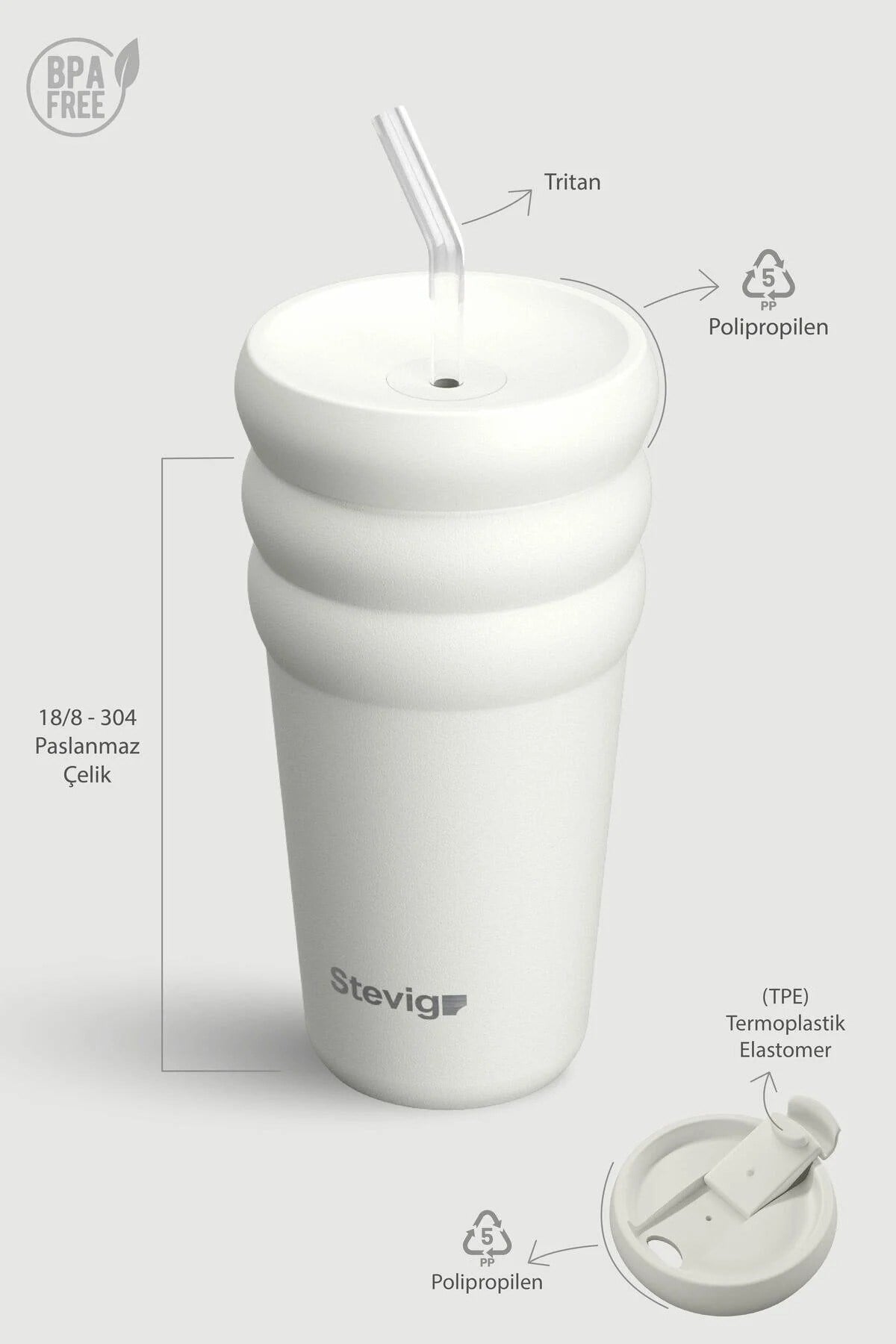 Stevig 3 Bubble Two-Cap Straw Tumbler Çelik Termos White Stone 600 ml - 961110005672