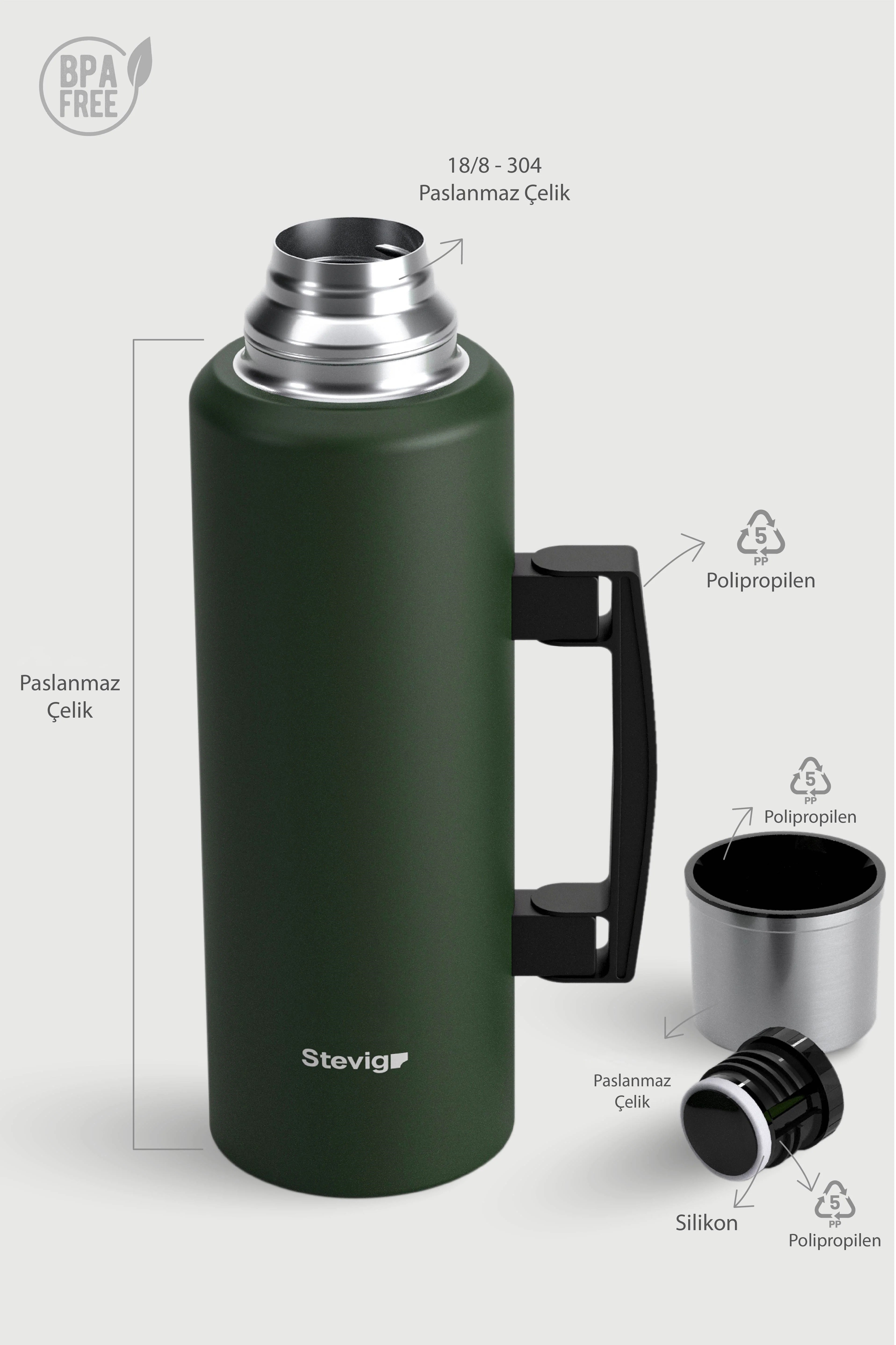 Stevig 4 Camp Klasik Vakumlu Kulplu Çelik Termos Green 1.5 lt - 961110003432
