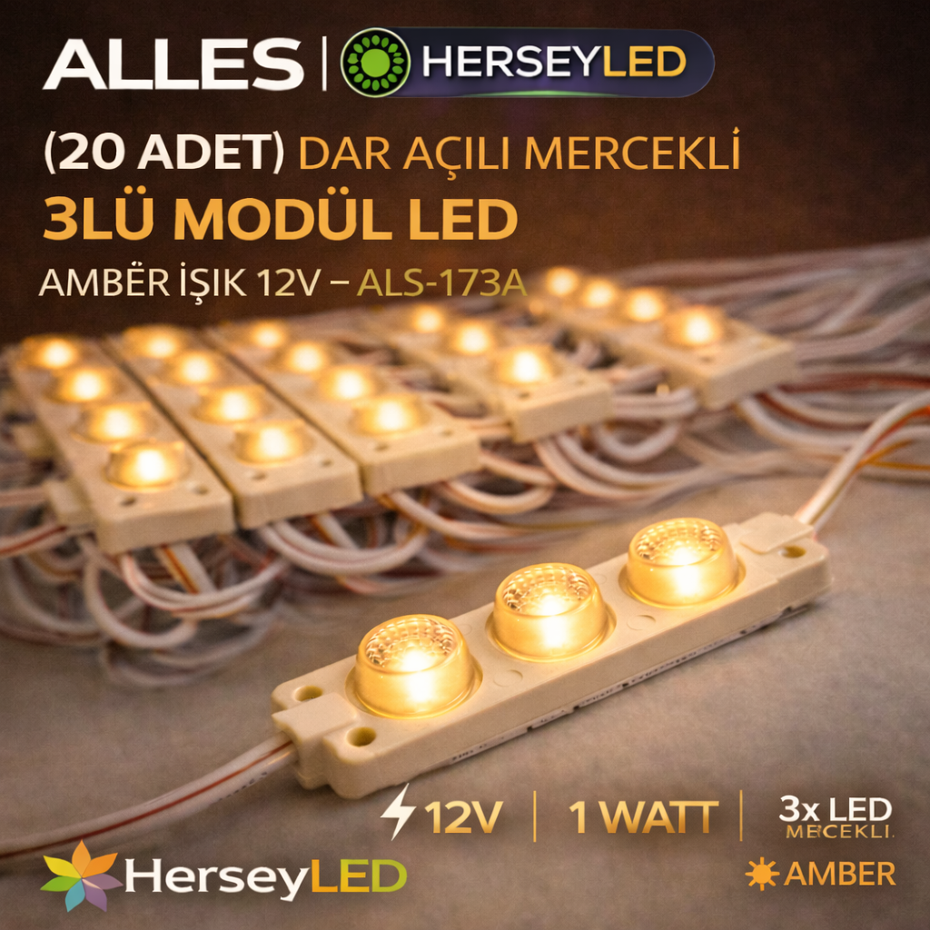 ( 20 ADET ) DAR AÇILI MERCEKLİ ( 3 WATT ) MODÜL LED AMBER IŞIK ALS-173G 12V
