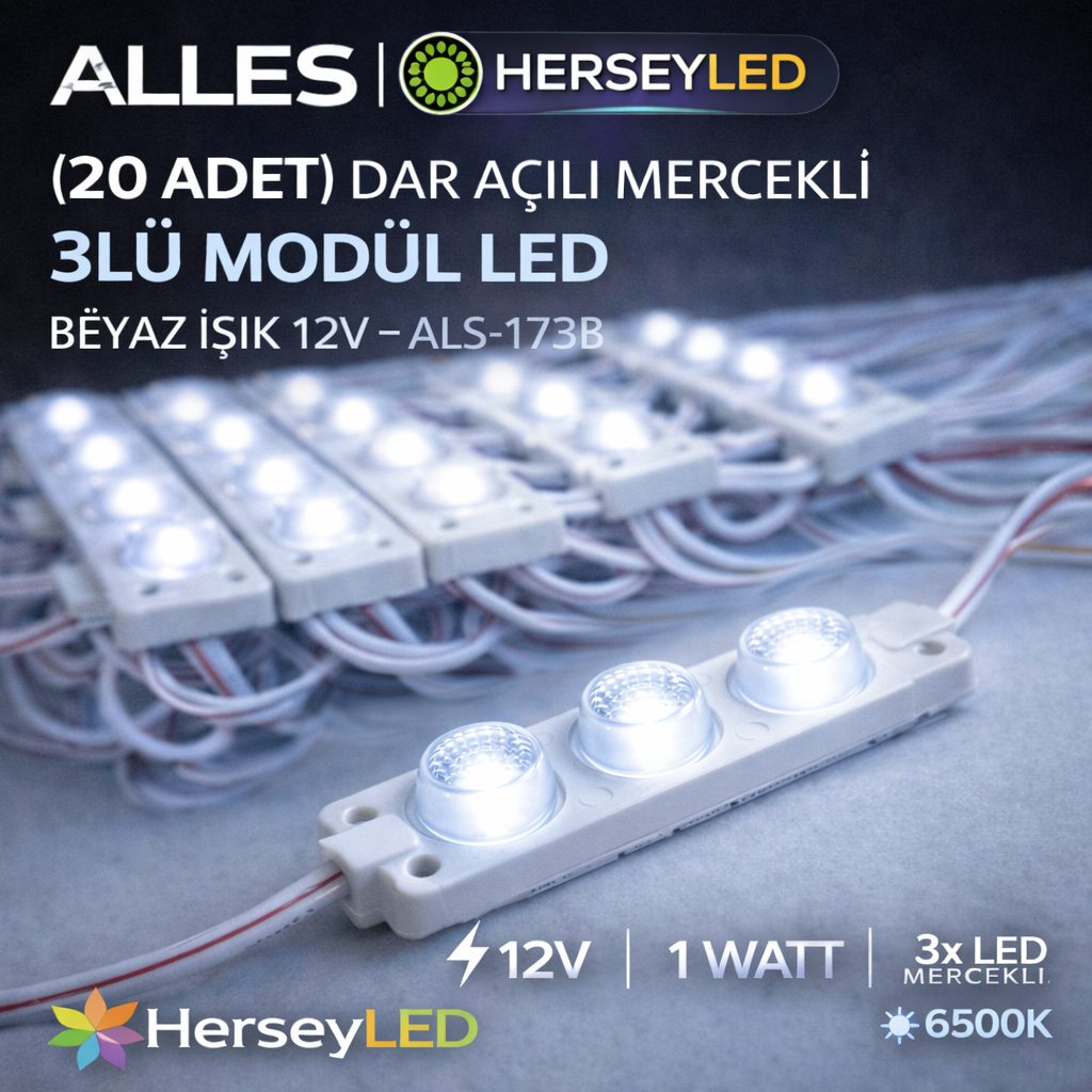 ( 20 ADET ) DAR AÇILI MERCEKLİ ( 3 WATT ) MODÜL LED BEYAZ IŞIK ALS-171B 12V