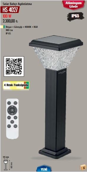  HELIOS HS 4027 100 Watt Solar Bahçe Armatürü - Metal Gövde - 4 Renk Fonksiyonlu (Beyaz + Ilık Beyaz + Gün Işığı + RGB)