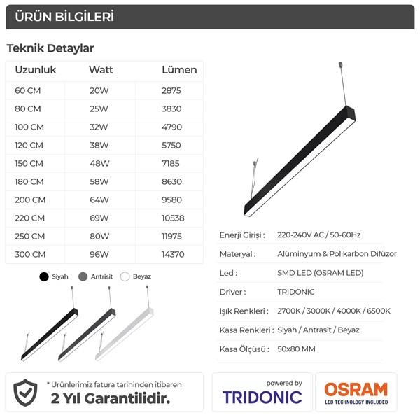  LINEAR LED AYDINLATMA ARMATÜRÜ SARKIT LINEER AVIZE 300CM 