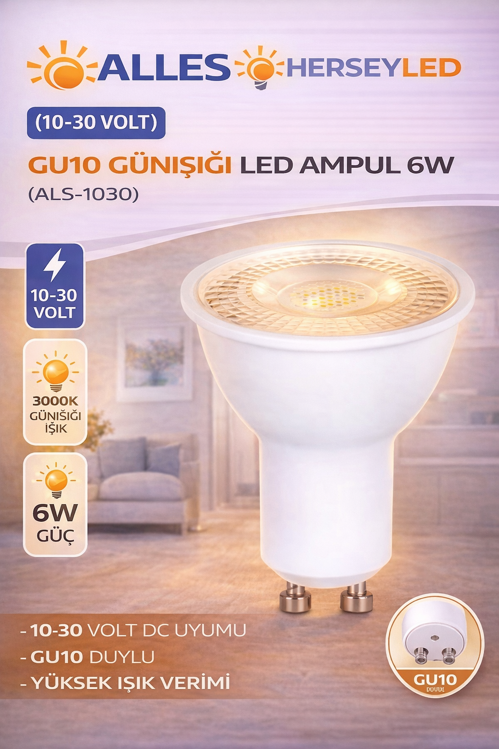 10-30 VOLT GU10 GÜNIŞIĞI LED AMPUL 6W