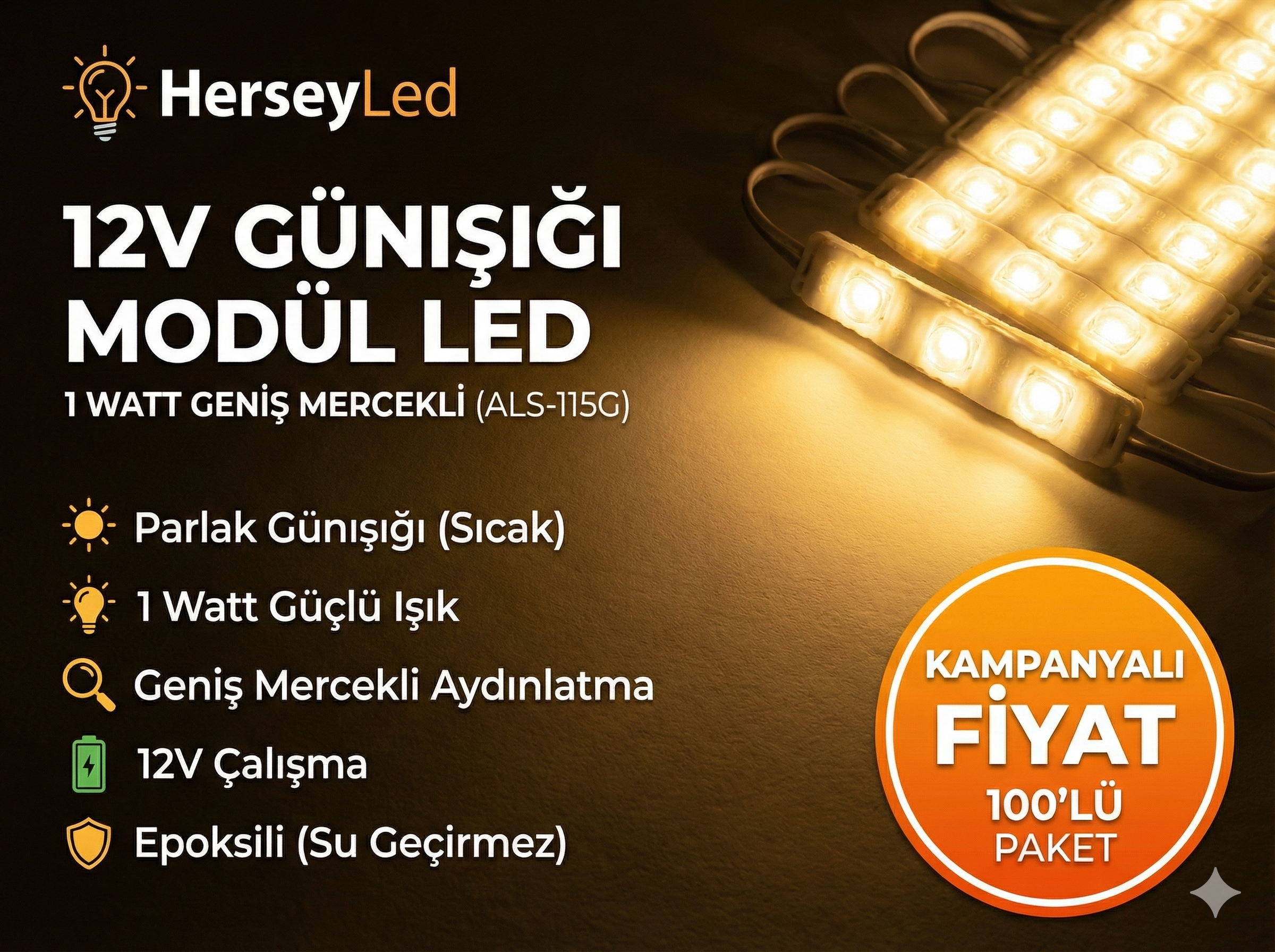 (100 ADET) GÜNIŞIĞI 5630 MERCEKLİ MODÜL LED  DÜZ LENS ALS-115G