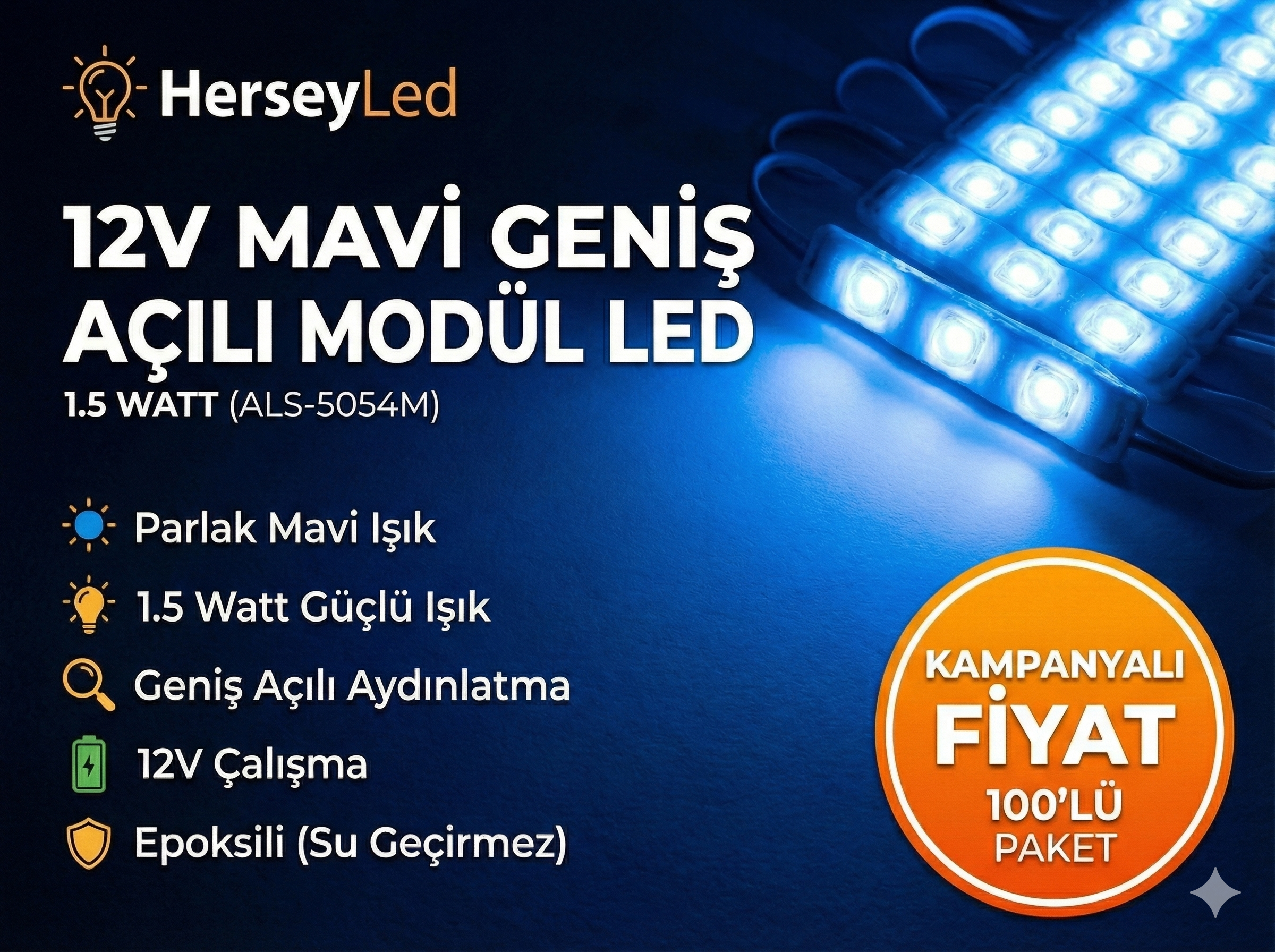 (100 ADET) MAVİ MERCEKLİ MODÜL LED 5054