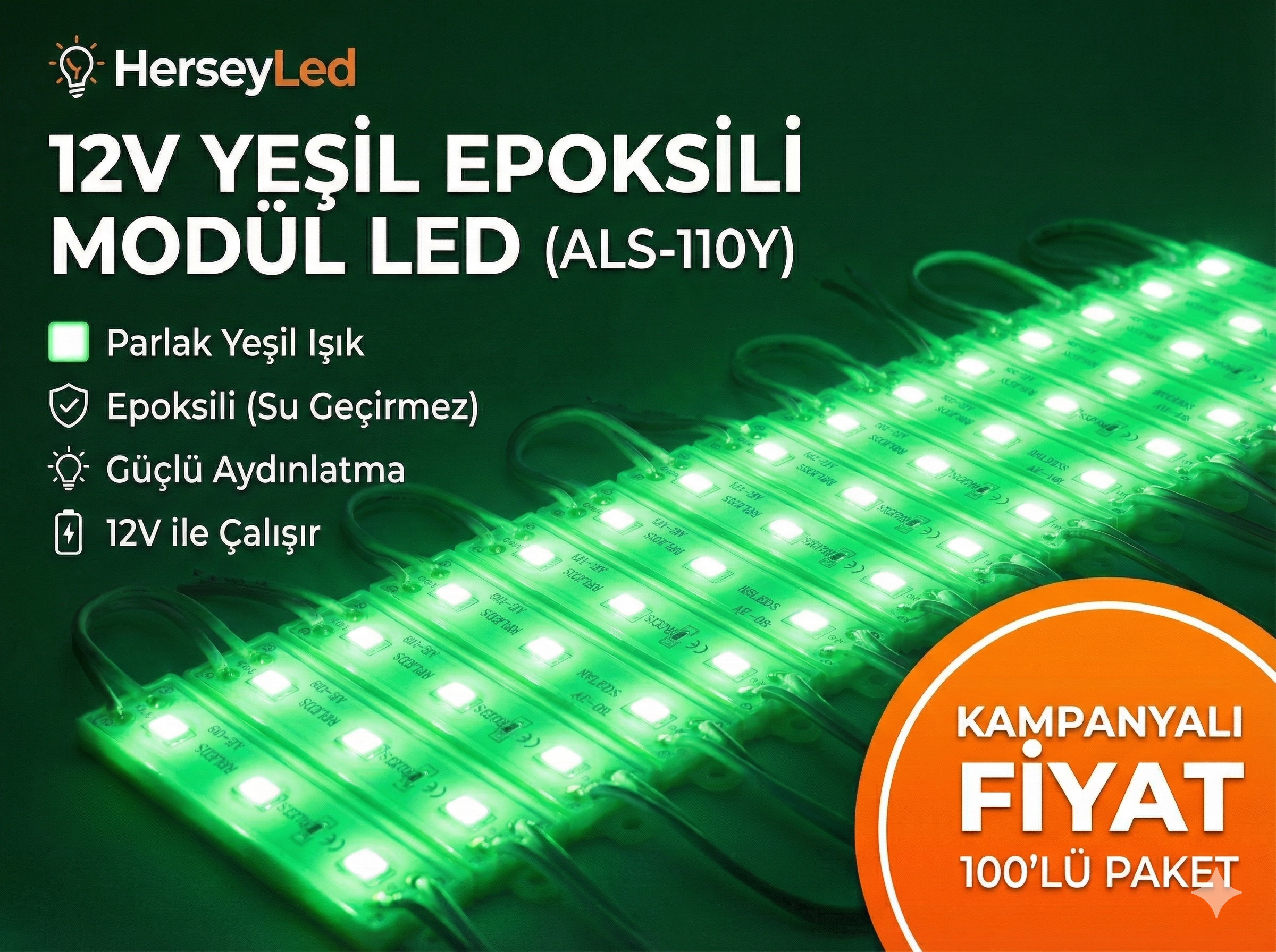 (100 ADET) YEŞİL 5630 EPOKSİLİ MODÜL LED ALS-110Y