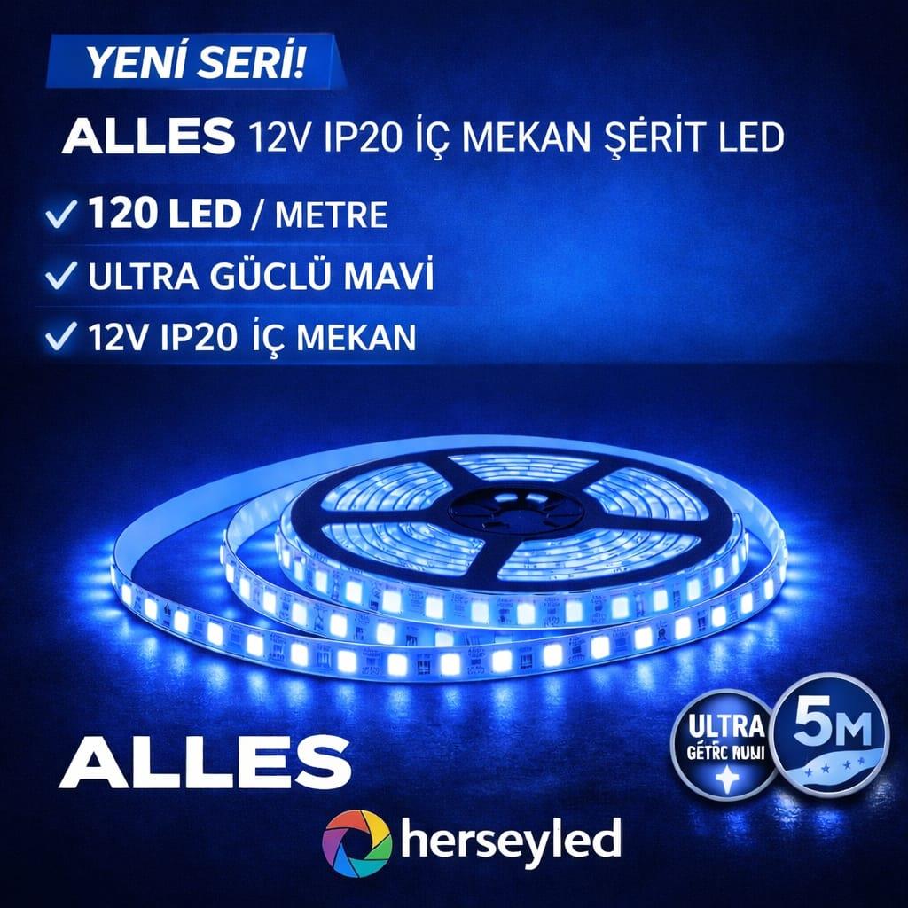 120 LEDLİ PROFESYONEL ŞERİT LED MAVİ 5 METRE 12 VOLT 2835 ÇİPLİ
