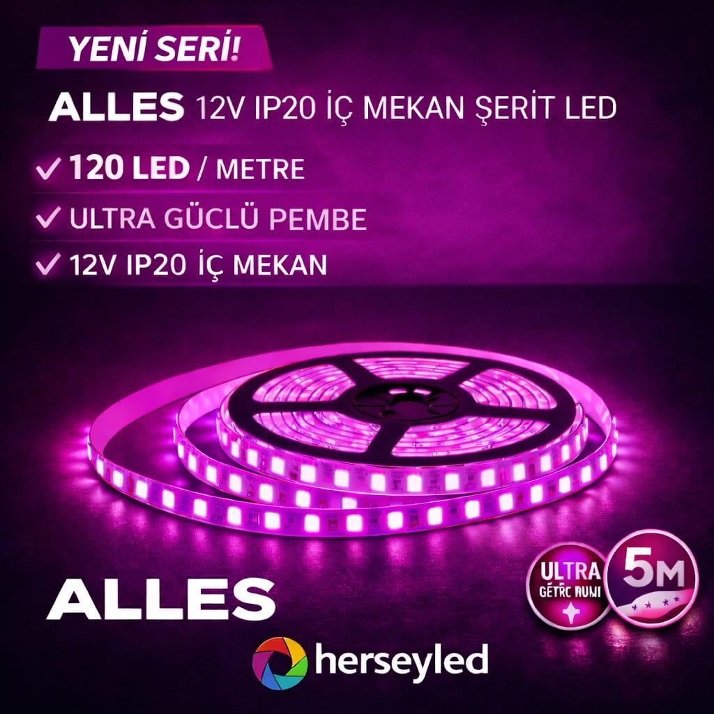 120 LEDLİ PROFESYONEL ŞERİT LED PEMBE 5 METRE 12 VOLT 2835 ÇİPLİ