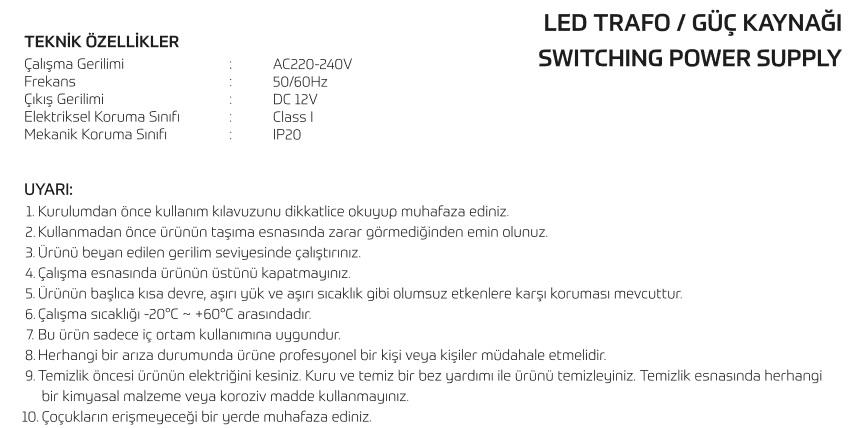 12V  20,8 AMPER LED TRAFOSU 250 WATT İNOLED 