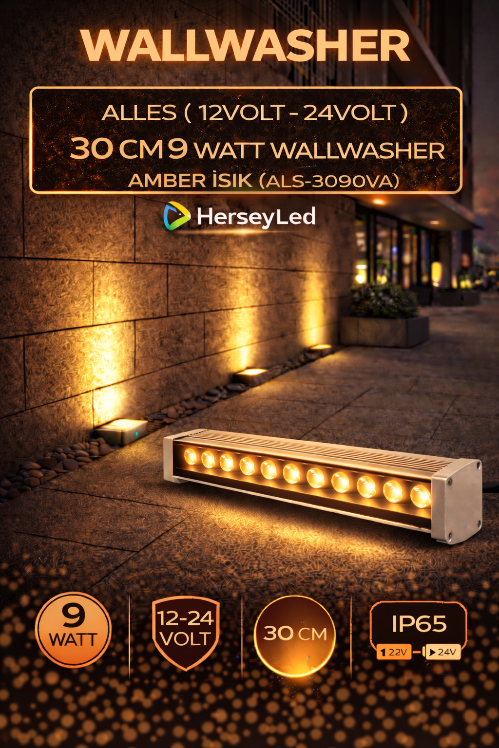 12V / 24V WALLWASHER 30 CM 9 WATT  - AMBER IŞIK