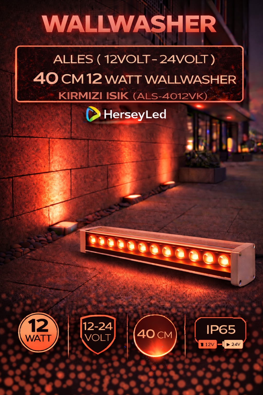12V / 24V WALLWASHER 40 CM 12 WATT  - KIRMIZI IŞIK