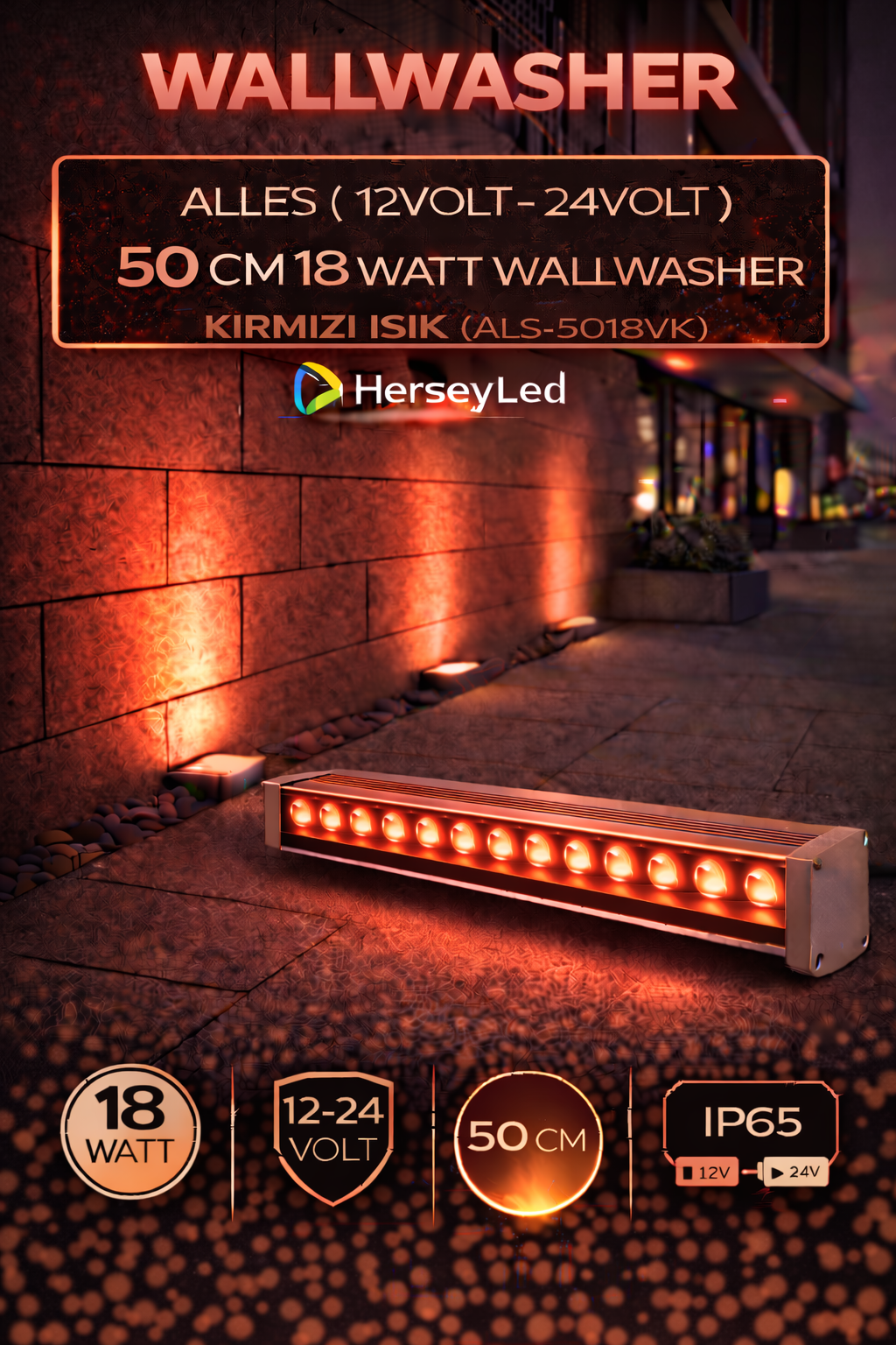 12V / 24V WALLWASHER 50 CM 18 WATT  - KIRMIZI IŞIK