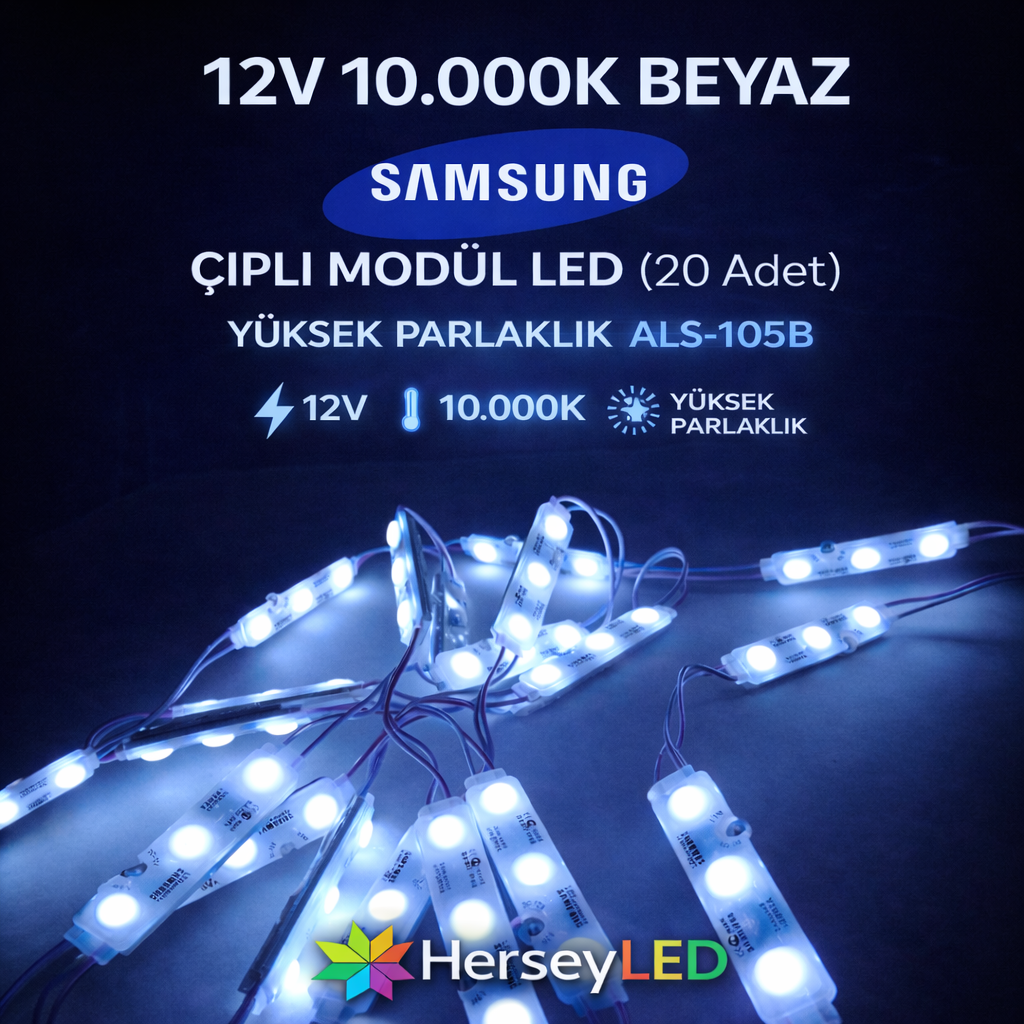 12V 10.000K Beyaz Samsung Çipli Modül LED – 10’lu Paket, Yüksek Parlaklık ALS-105B
