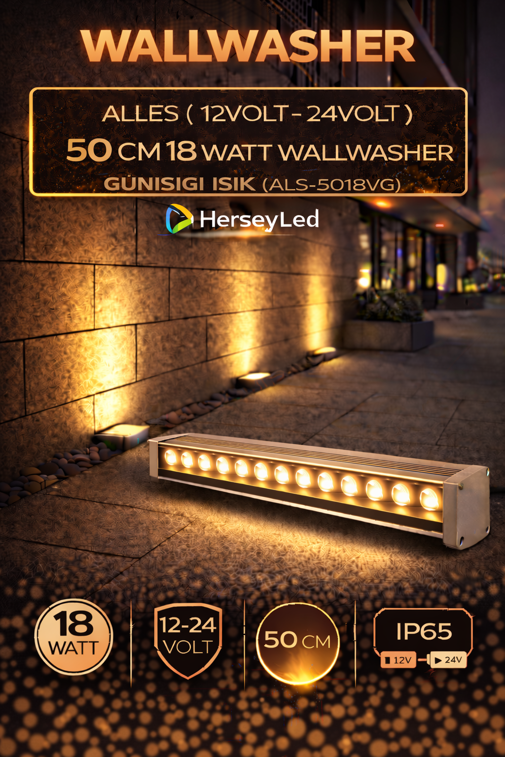 12V / 24V WALLWASHER 50 CM 18 WATT  - GÜNIŞIĞI IŞIK
