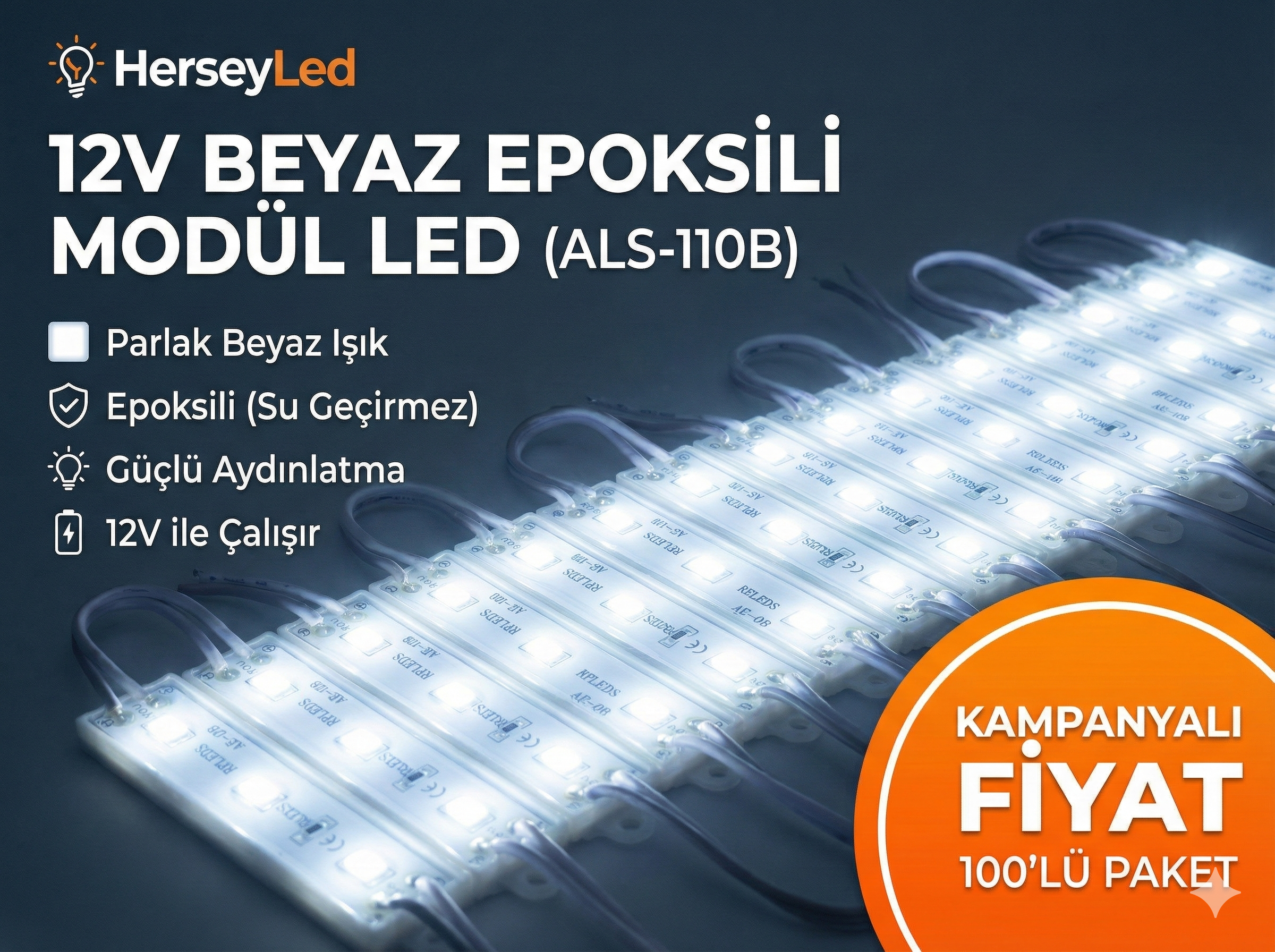 12V BEYAZ ( 100 ADET ) EPOKSİLİ MODÜL LED ALS-110B