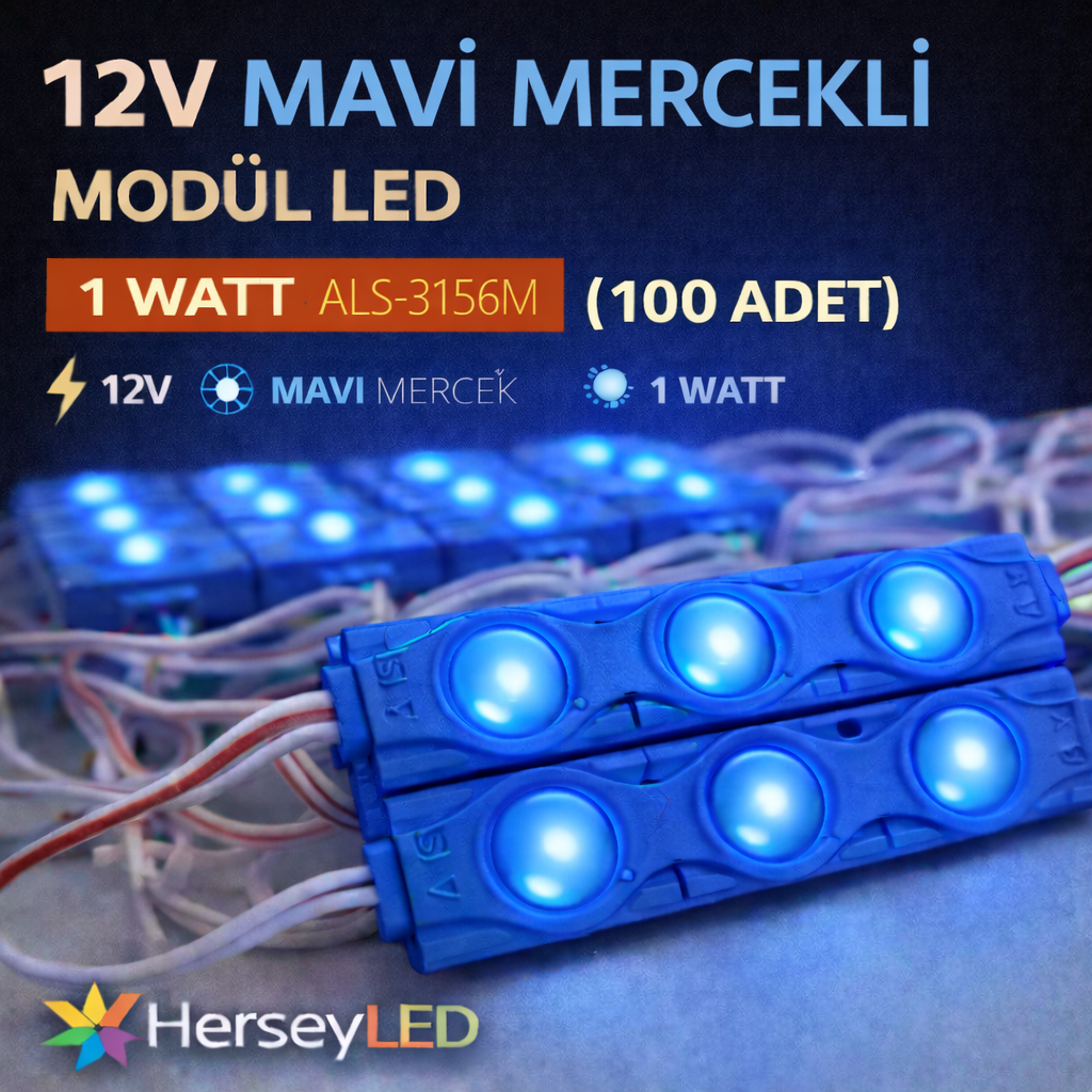 12V MAVİ LED MODUL  ( 100 ADET ) 3X1 MERCEKLİ