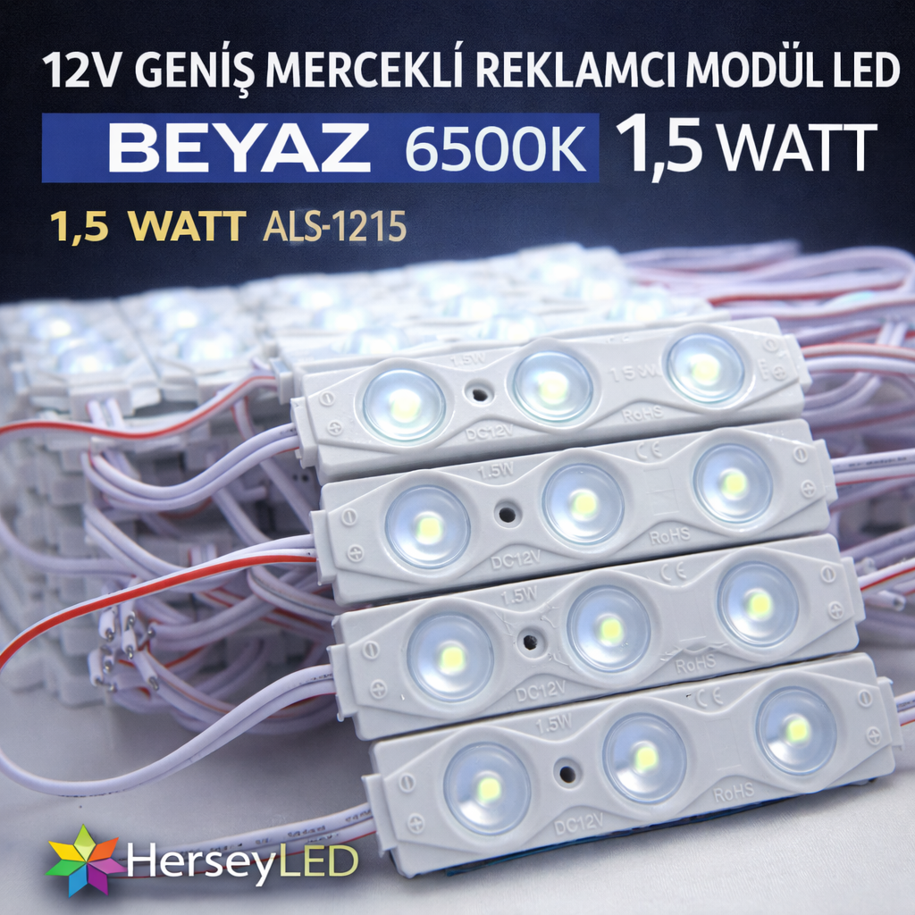 12V MODUL LED BEYAZ IŞIK ( 20 ADET ) GENİŞ MERCEKLİ REKLAMCI MODÜL ( 1,5WATT )