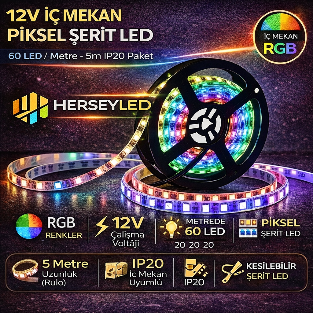 12V PİKSEL ŞERİT LED İÇ MEKAN IP20  ( 60 Led/ Metre ) WS2811 PİXEL LED
