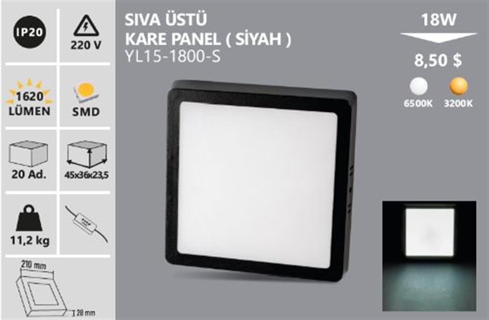 18W SIVA ÜSTÜ KARE PANEL SİYAH KASA BEYAZ IŞIK