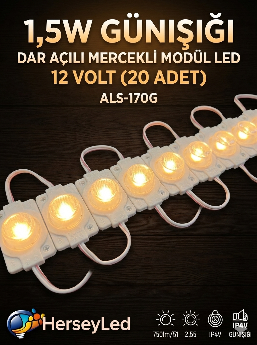 (20 ADET) 1,5W GÜNIŞIĞI DAR AÇILI MANDA GÖZÜ MERCEKLİ MODÜL LED 12 VOLT ALS-170G