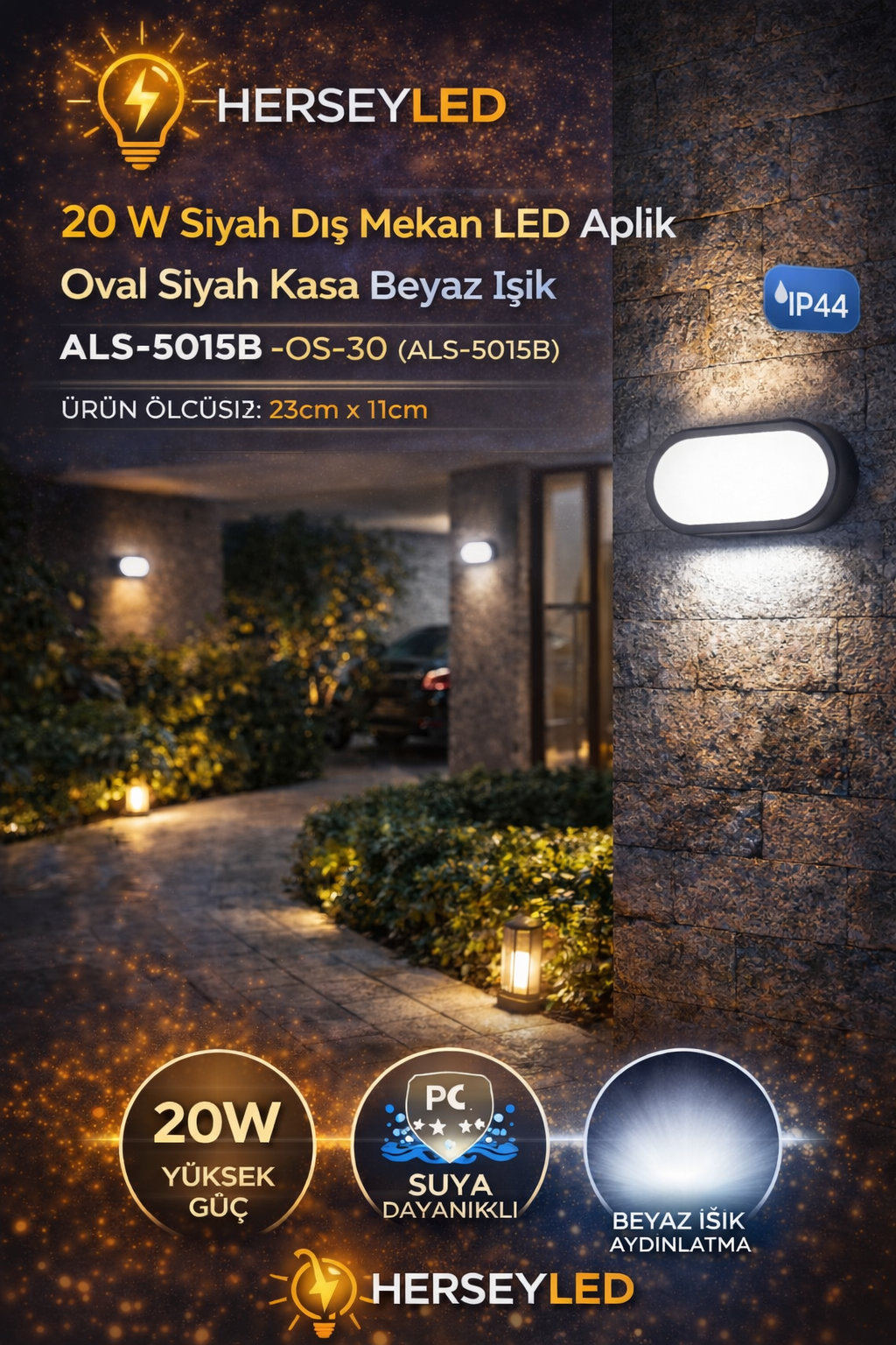 20 W Siyah Dış Mekan LED Aplik Oval Siyah Kasa BEYAZ IŞIK ALS-5015B IP44