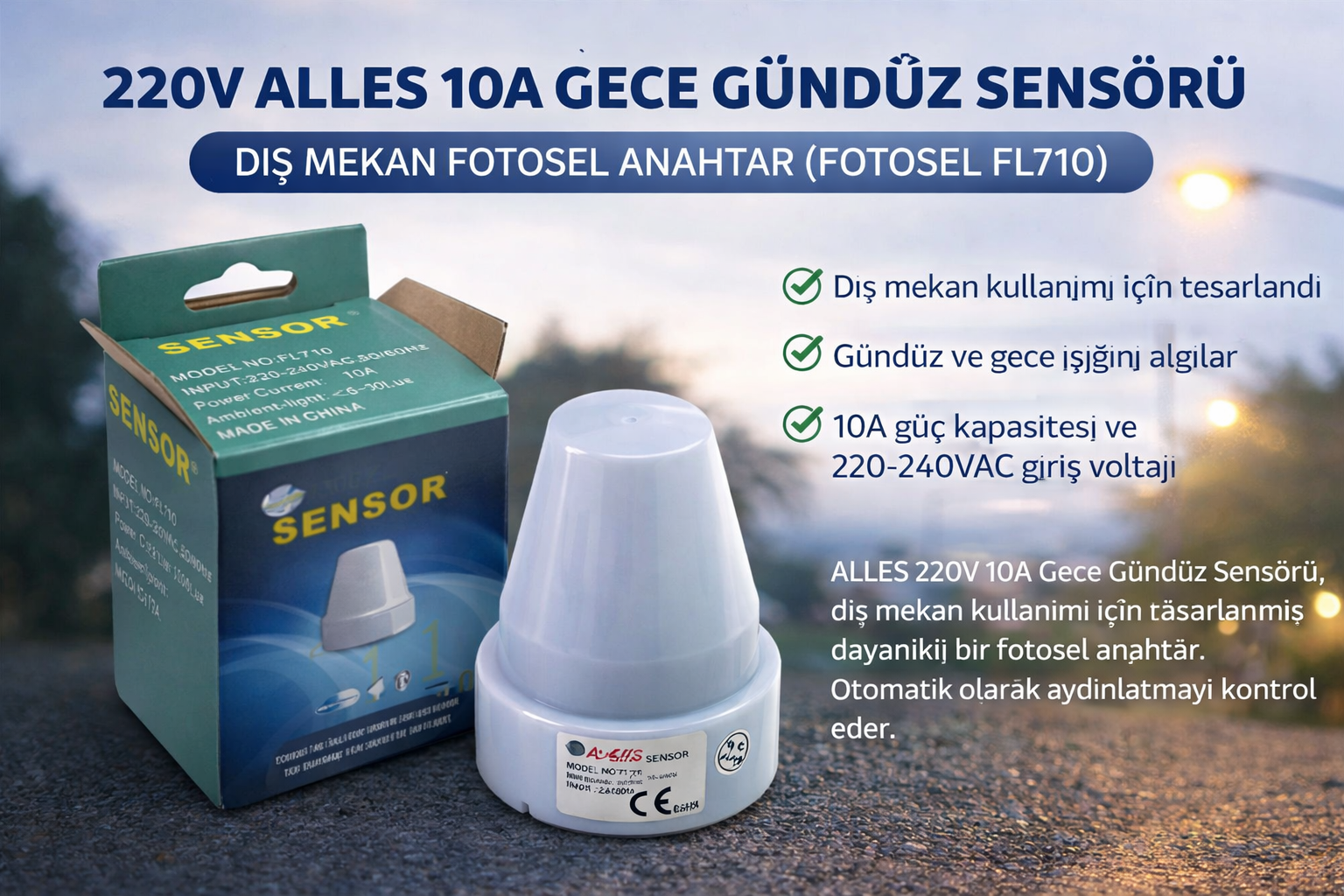 220V 10A Gece Gündüz Sensörü - Dış Mekan Fotosel Anahtar