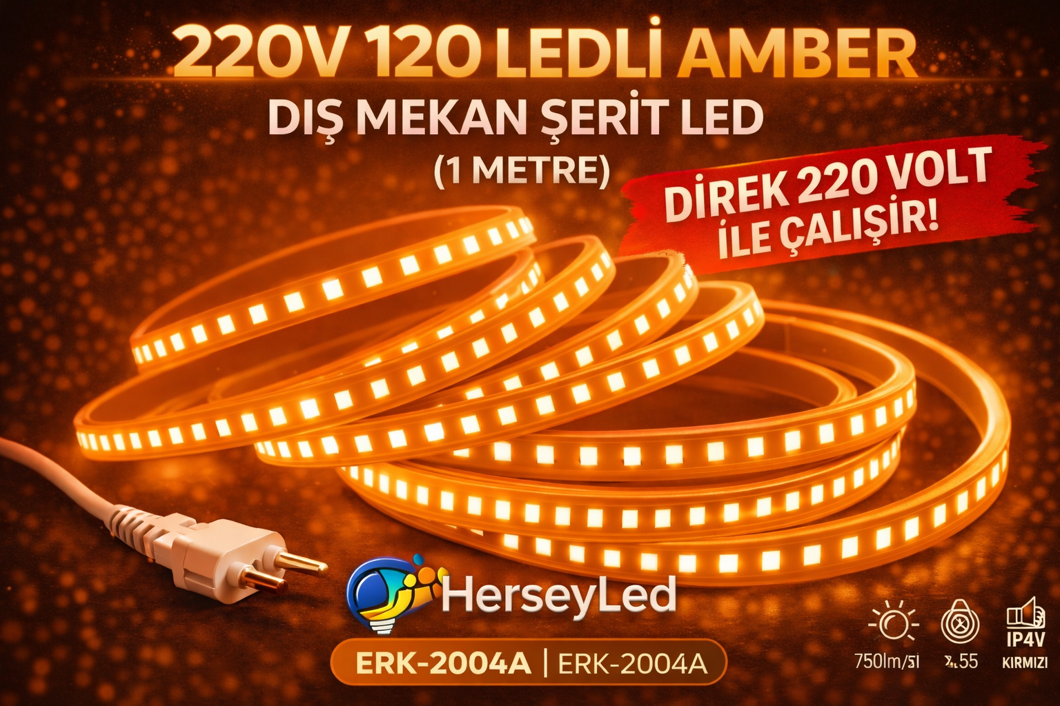 220V 120 LEDLİ AMBER DIŞ MEKAN ŞERİT LED (1 METRE ) ERKLED