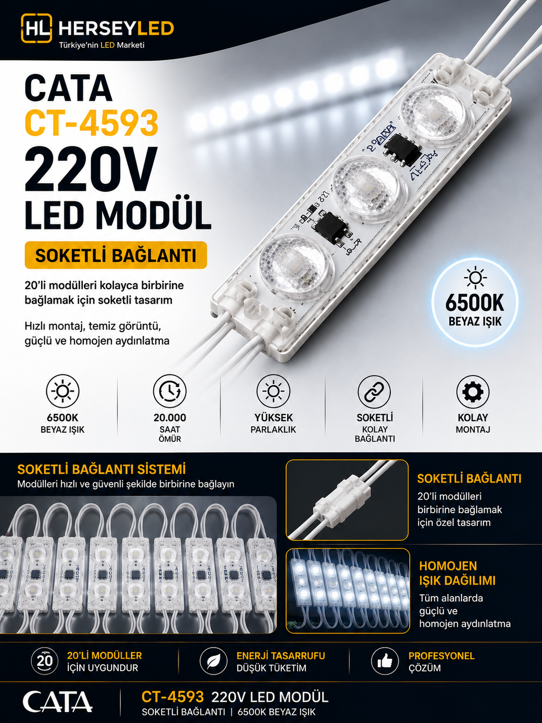 220V MODUL LED BEYAZ 6500K MERCEKLİ CT-4593 ( 20Lİ BAĞ ) CATA