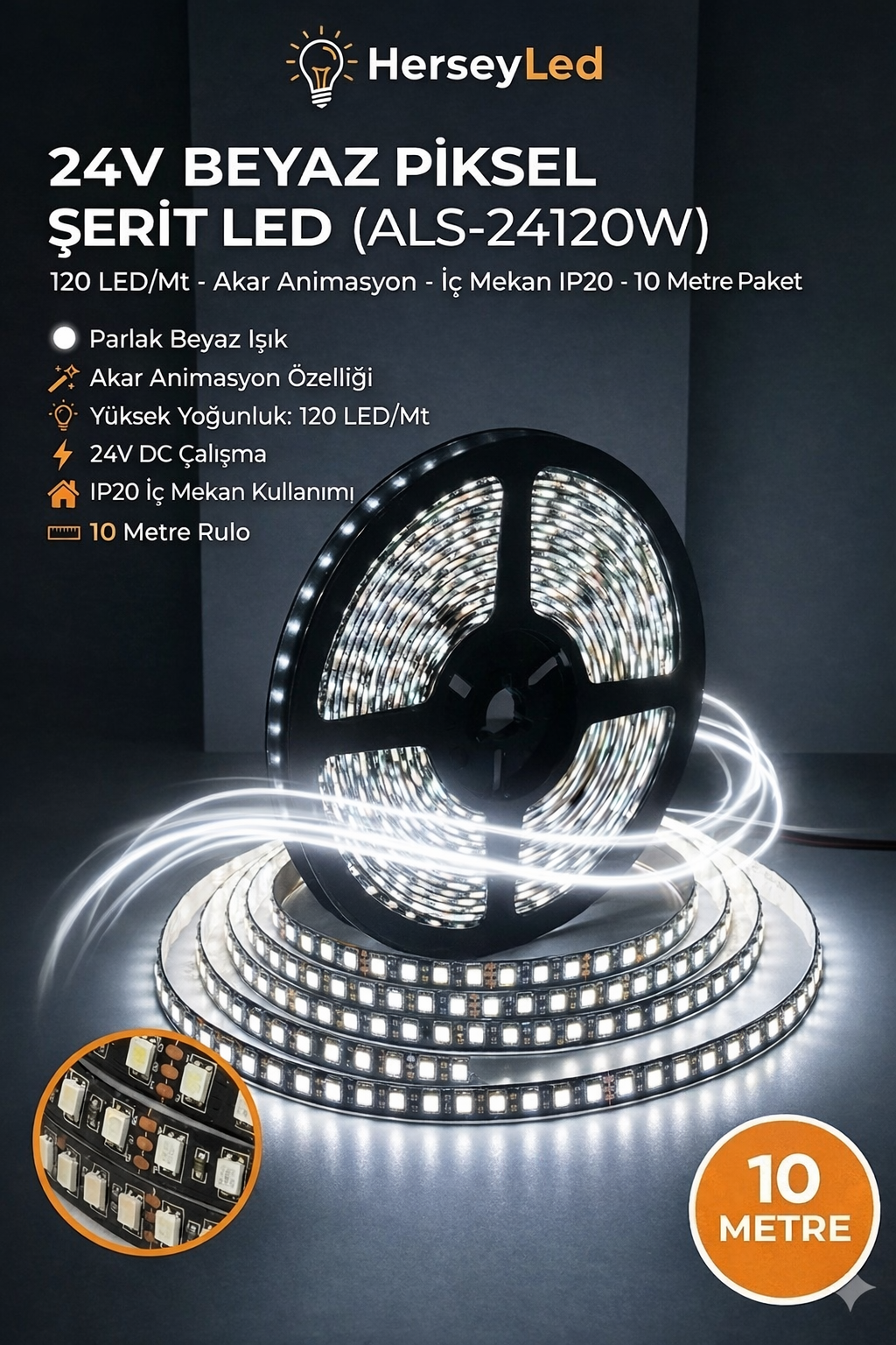 24 Volt BEYAZ Akar Yürüyen Piksel Şerit Led 2835 Çip 120 Led (5 Metre)