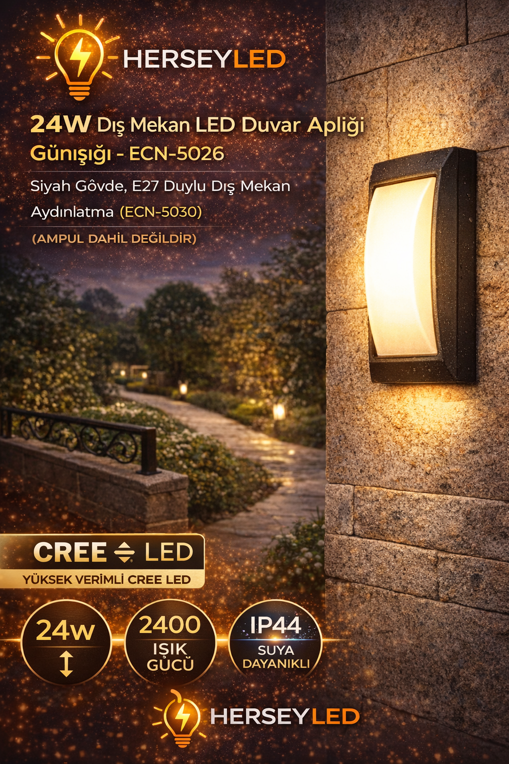 24 W Elips Boş Dış Mekan LED Aplik ECN-5026 Günışığı