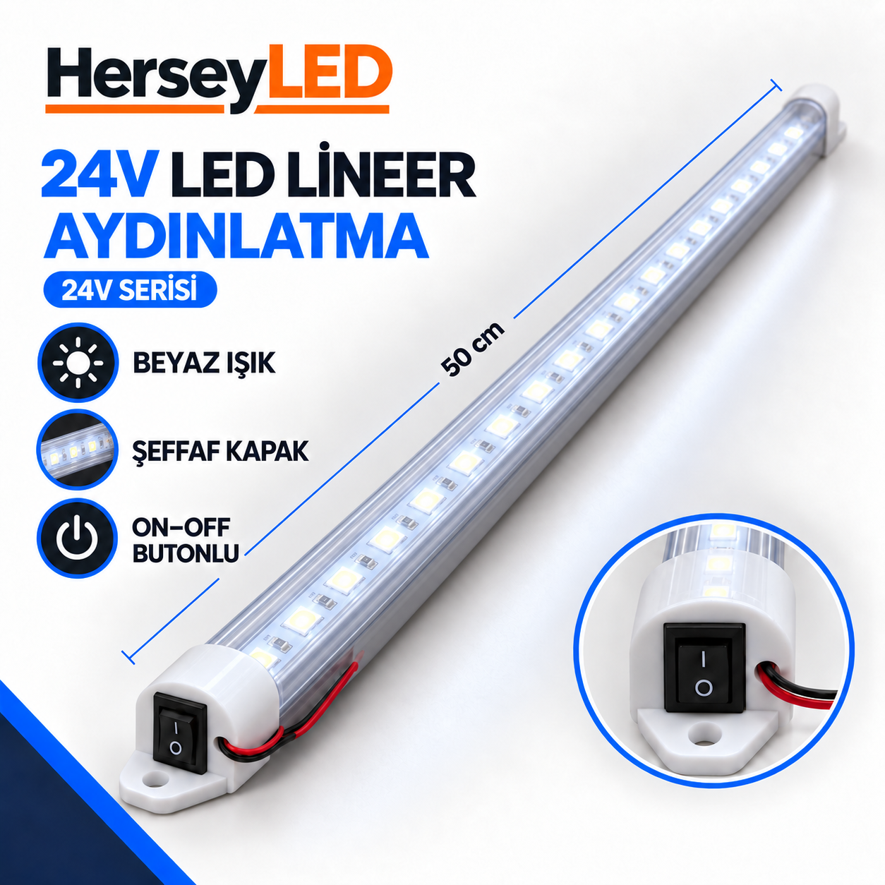 24V Beyaz Işık 50cm Şeffaf Kapaklı On-Off Anahtarlı LED Lineer Armatür